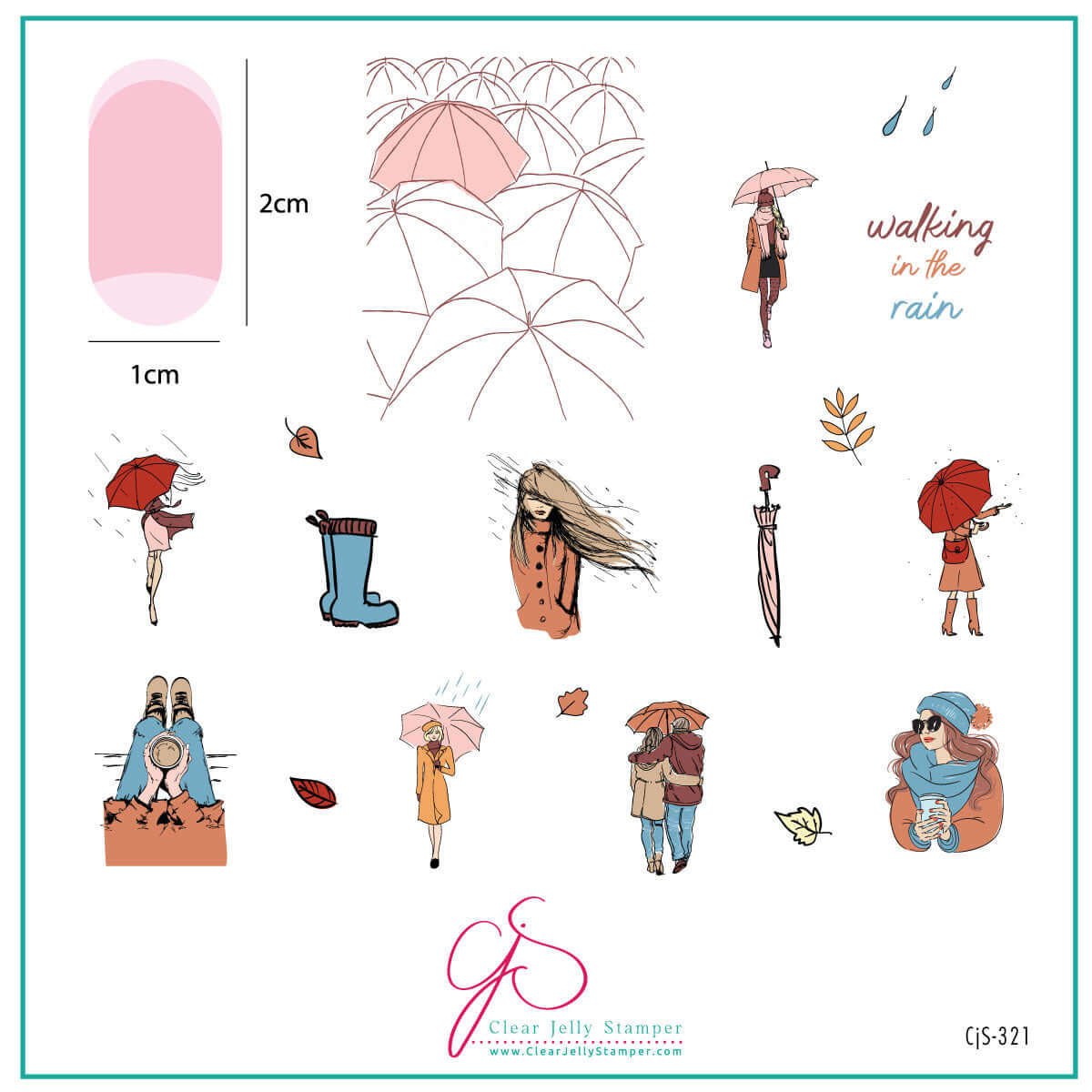 layered-nail-art-stamping-plate-inspo-card-with-colorful-designs-of-umbrellas-rain-drops-people-walking-in-the-rain-and-words-for-nail-art