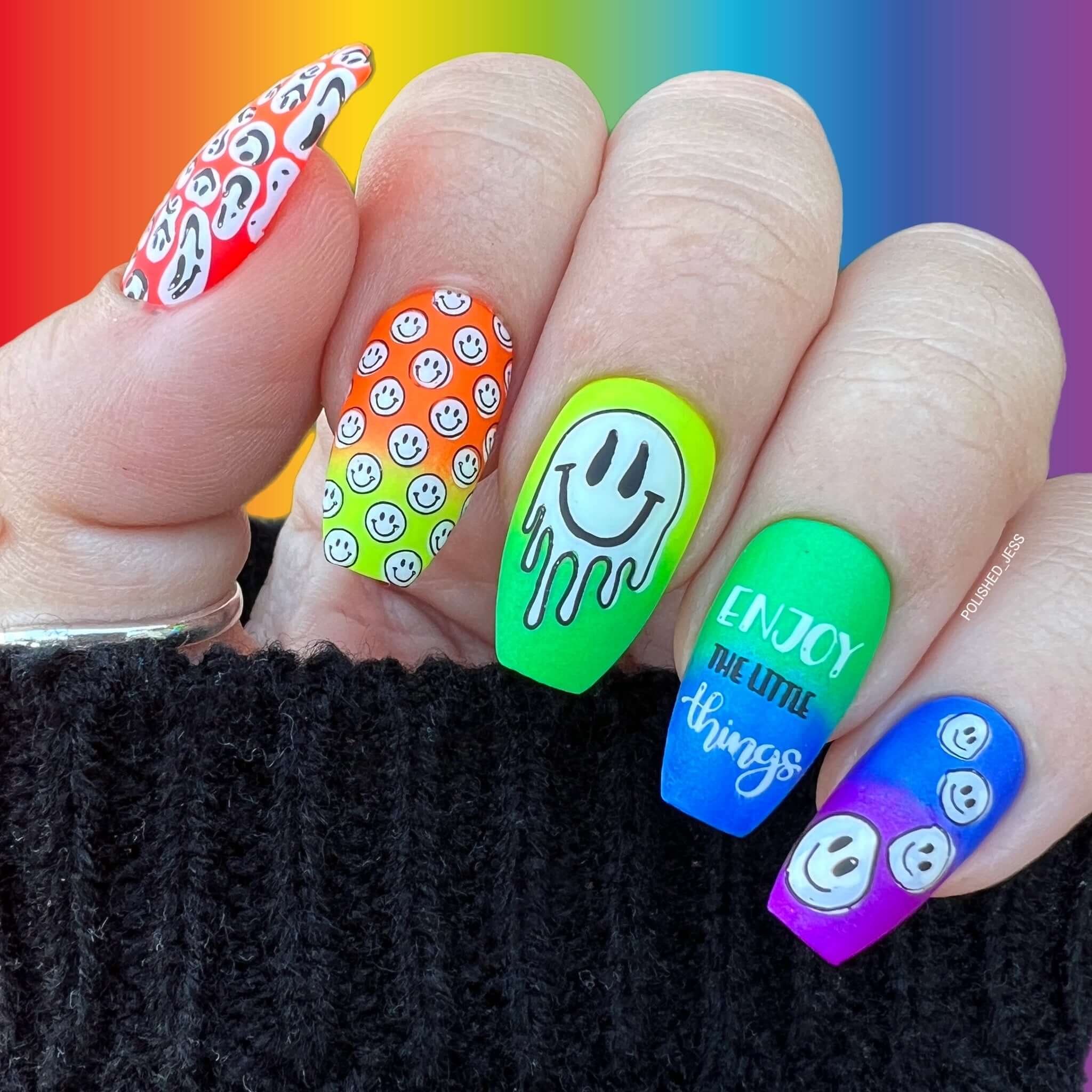 Bright-neon-manicure-with-smile-face-nail-art-designs-and-the-words-enjoy-the-little-things