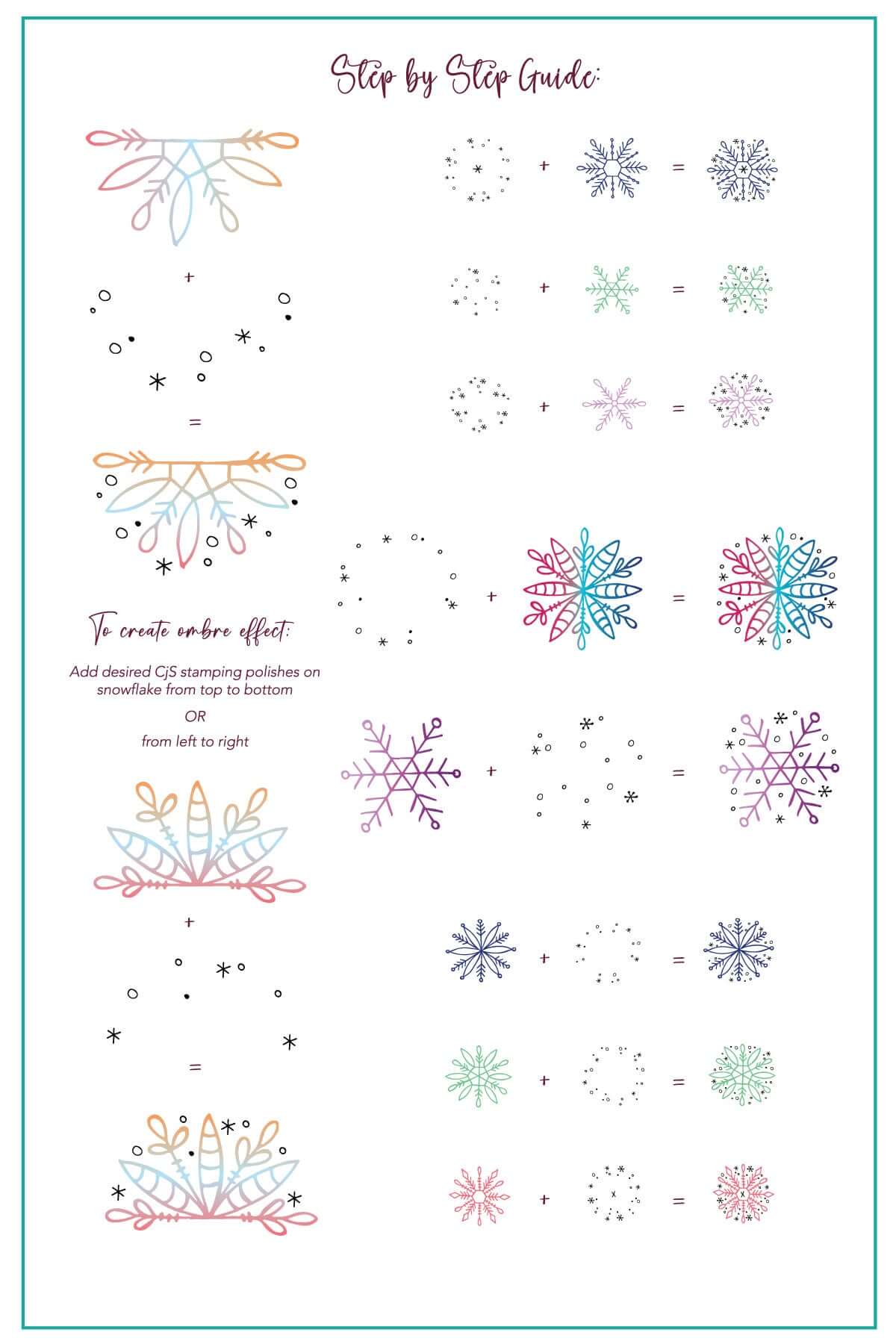 layered-nail-art-stamping-plate-how-to-card-showing-colorful-designs-of-snowflakes-and-words-for-nail-art