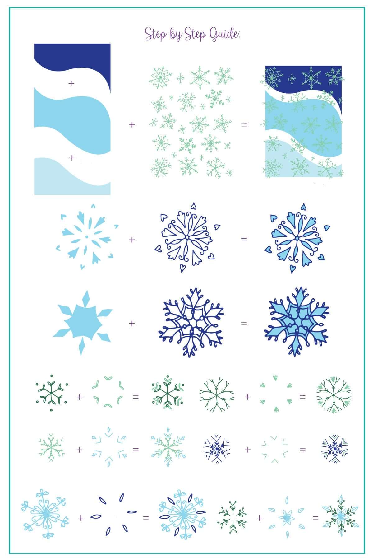 layered-nail-art-stamping-plate-how-to-card-showing-colorful-designs-of-snowflakes-and-words-for-nail-art