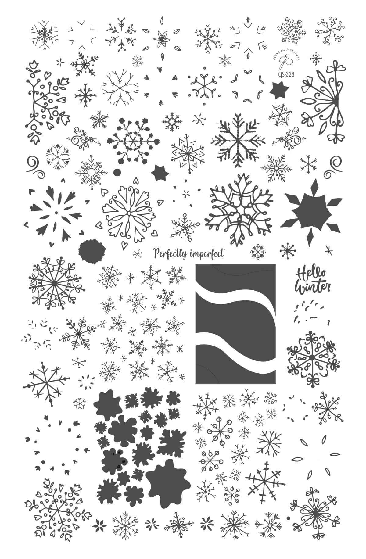 layered-nail-art-stamping-plate-showing-designs-of-snowflakes-and-words-for-nail-art