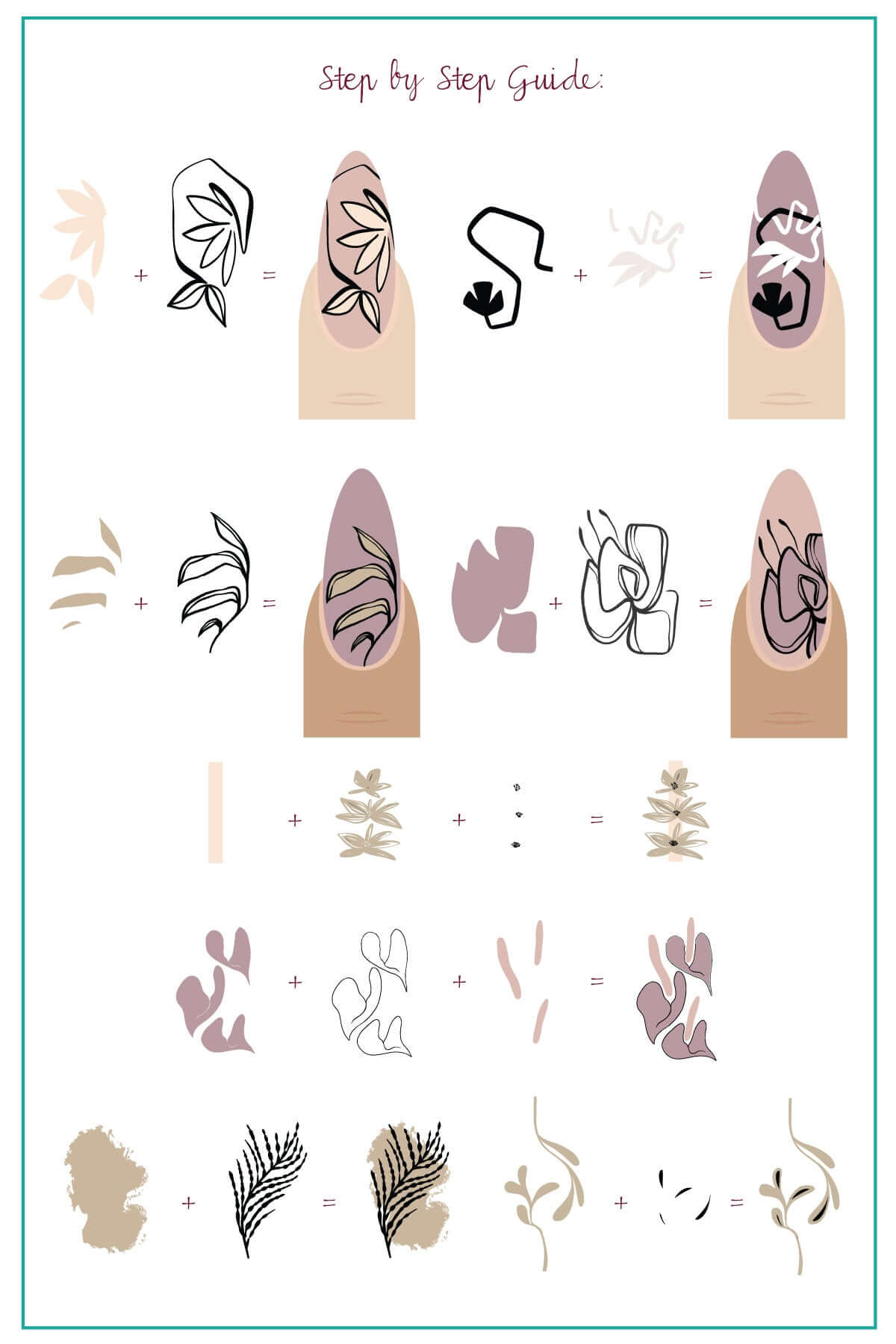  layered-nail-art-stamping-plate-how-to-card-with-modern-abstract-designs-of-leaves-lines-faces