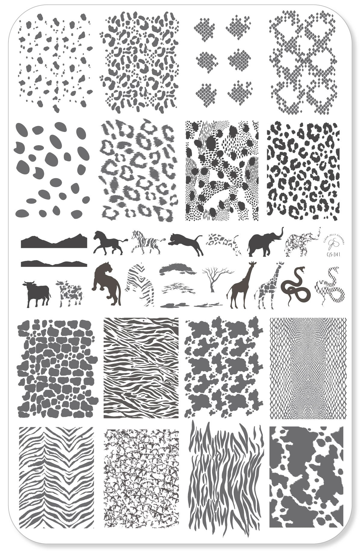 layered-nail-art-stamping-plate-with-animal-prints-of-zebra-snake-cow-cheetah-elephant-tiger-and-giraffe