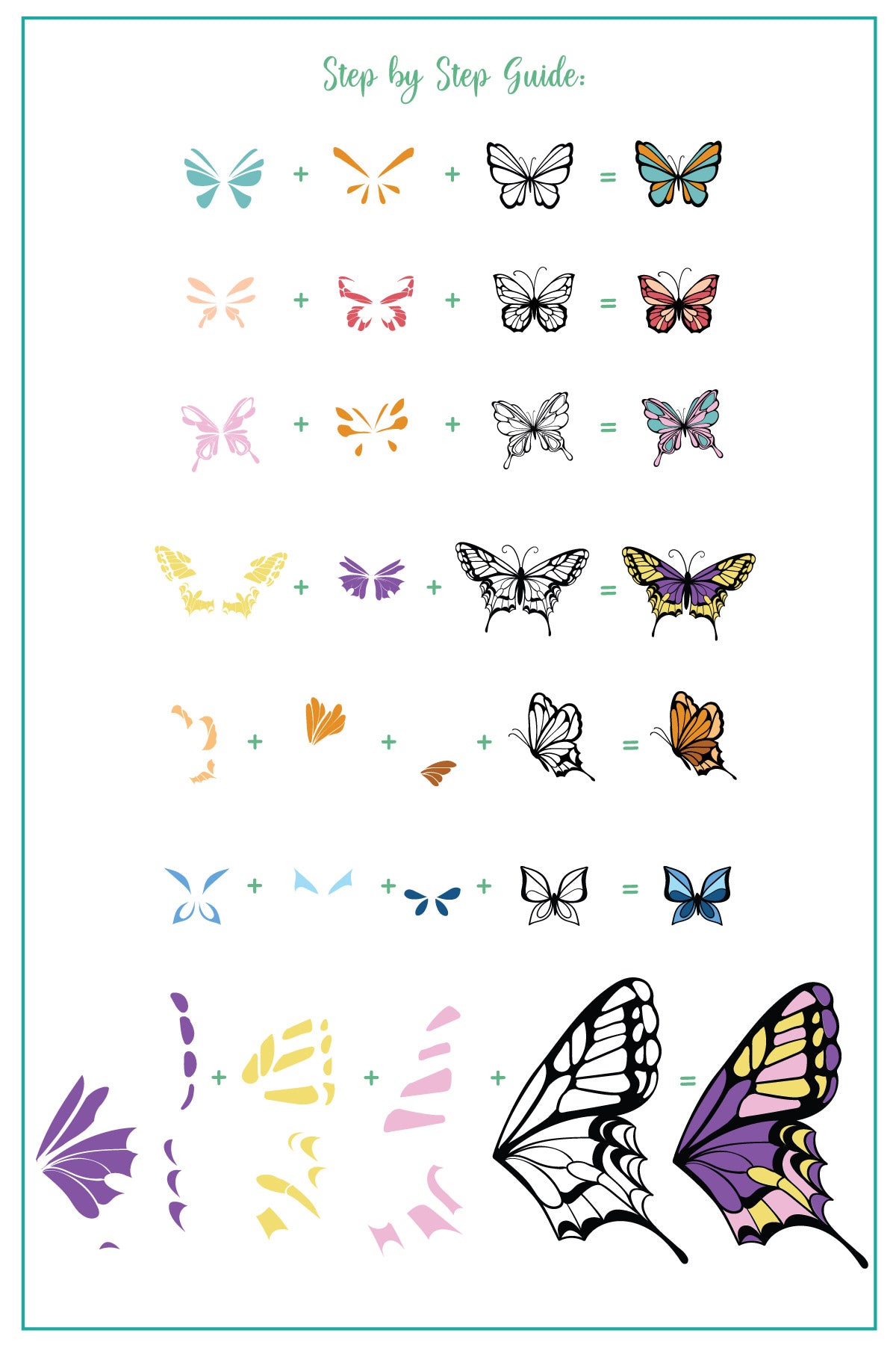  layered-nail-art-stamping-plate-how-to-card-with-colorful-butterfly-and-butterfly-wing-designs-and-words-for-nail-art