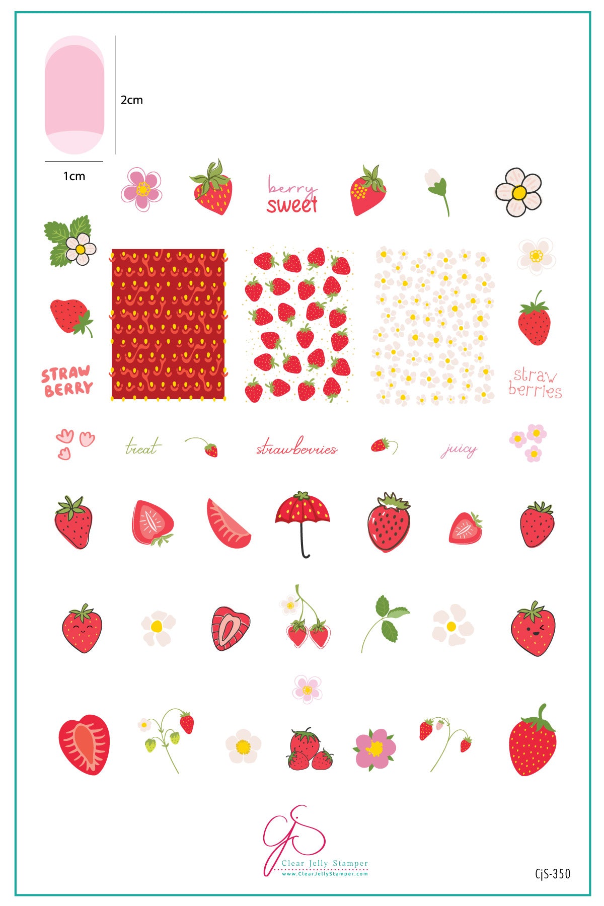 layered-nail-art-stamping-plate-inspo-card-with-designs-of-strawberries-flowers-and-words-for-nail-art