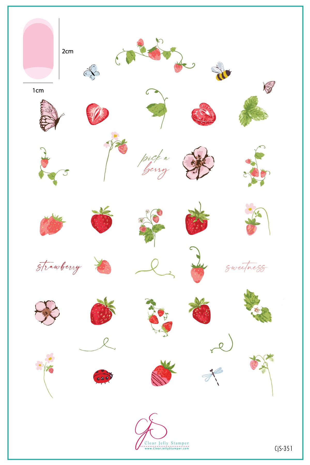 layered-nail-art-stamping-plate-inspo-card-with-designs-of- strawberry-plants-strawberries-butterflies-ladybirds-a-bumble-bee-and-words-for-nail-art