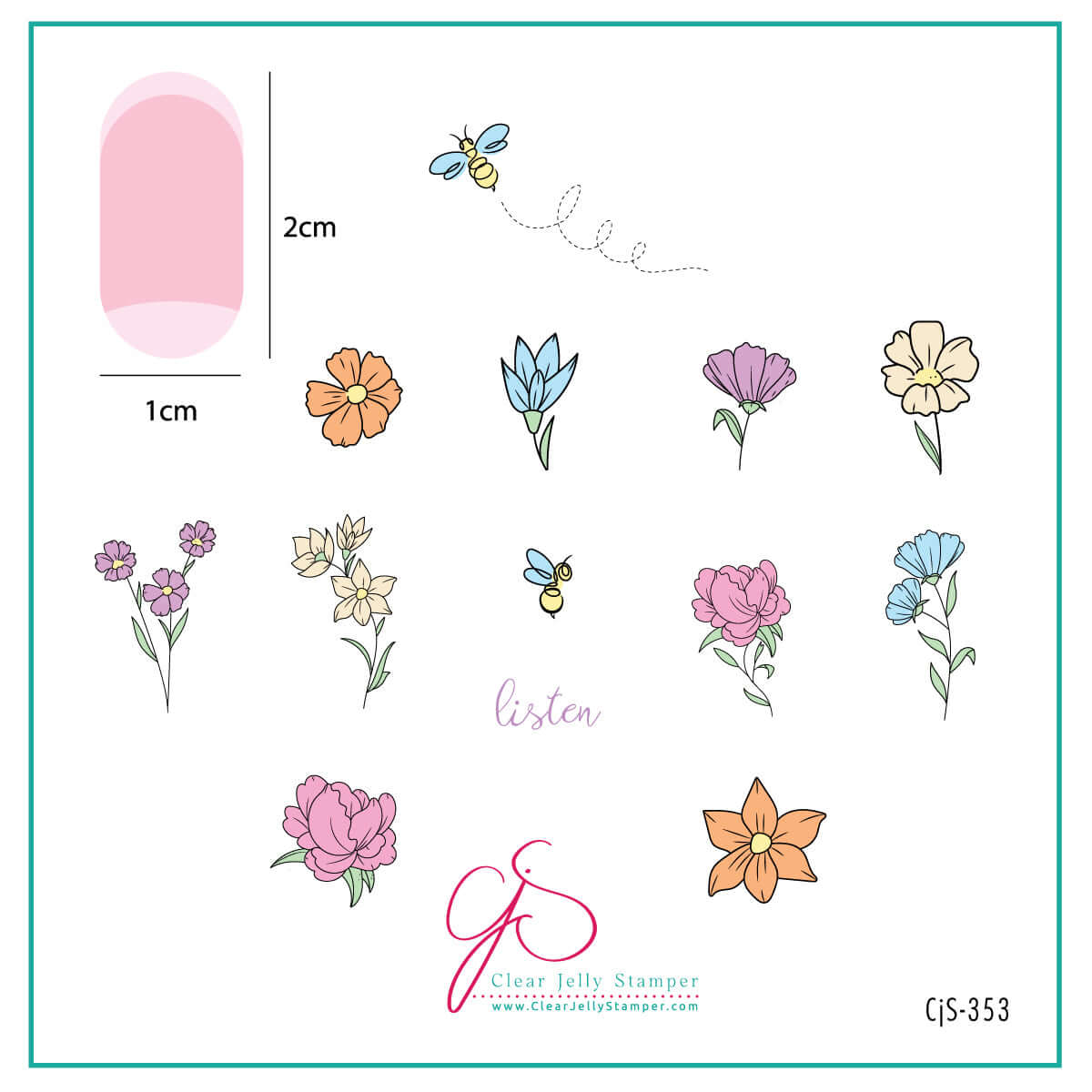 layered-nail-art-stamping-plate-inspo-card-with-coloful-flowers-peonies-daisies-crocus-and-bees-words-for-nail-art