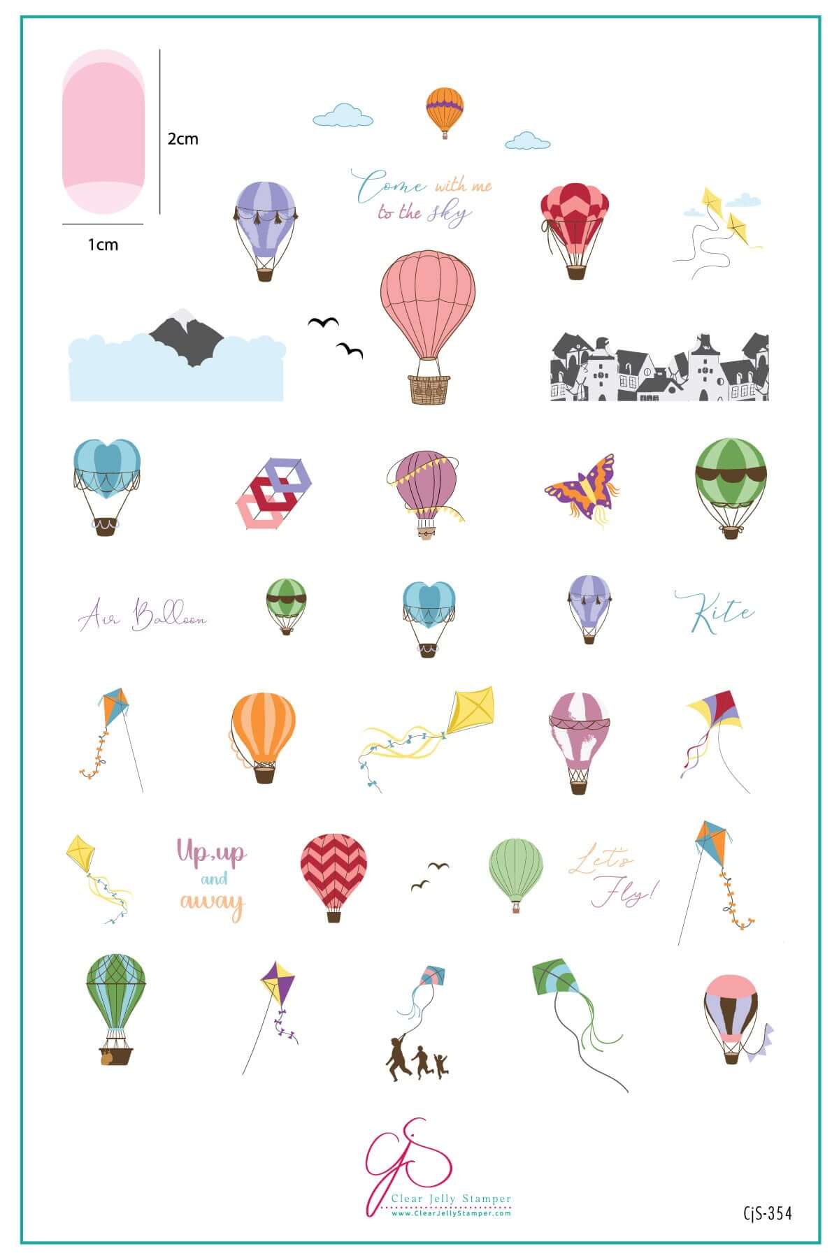 layered-nail-art-stamping-plate-inspo-card-with-colorful-hot-air-balloons-kites-birds-flying-clouds-and-words-for-nail-art