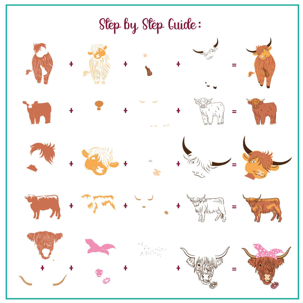 layered-nail-art-stamping-plate-how-to-card-showing-colorful-designs-of-highland-cows