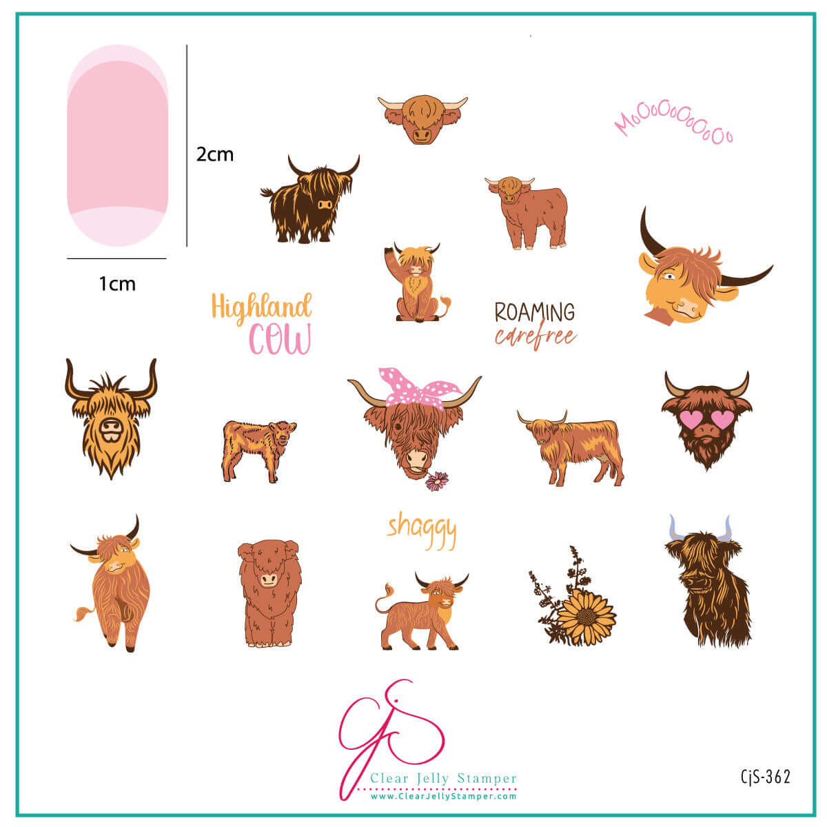 layered-nail-art-stamping-plate-inspo-card-showing-colorful-designs-of-highland-cows-and-words-for-nail-art