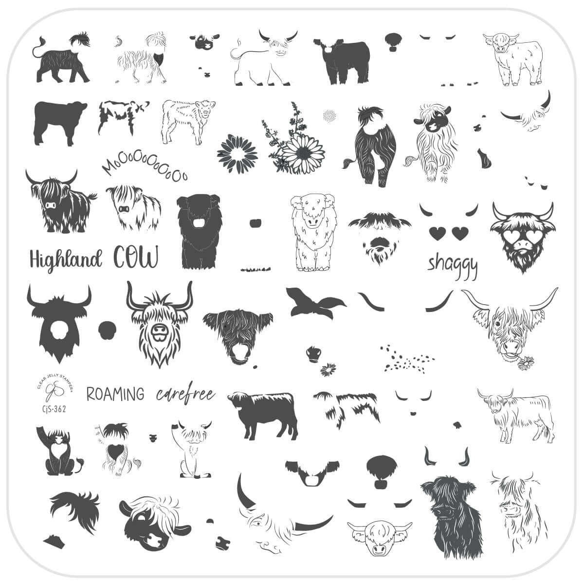 layered-nail-art-stamping-plate-showing-designs-of-highland-cows-and-words-for-nail-art