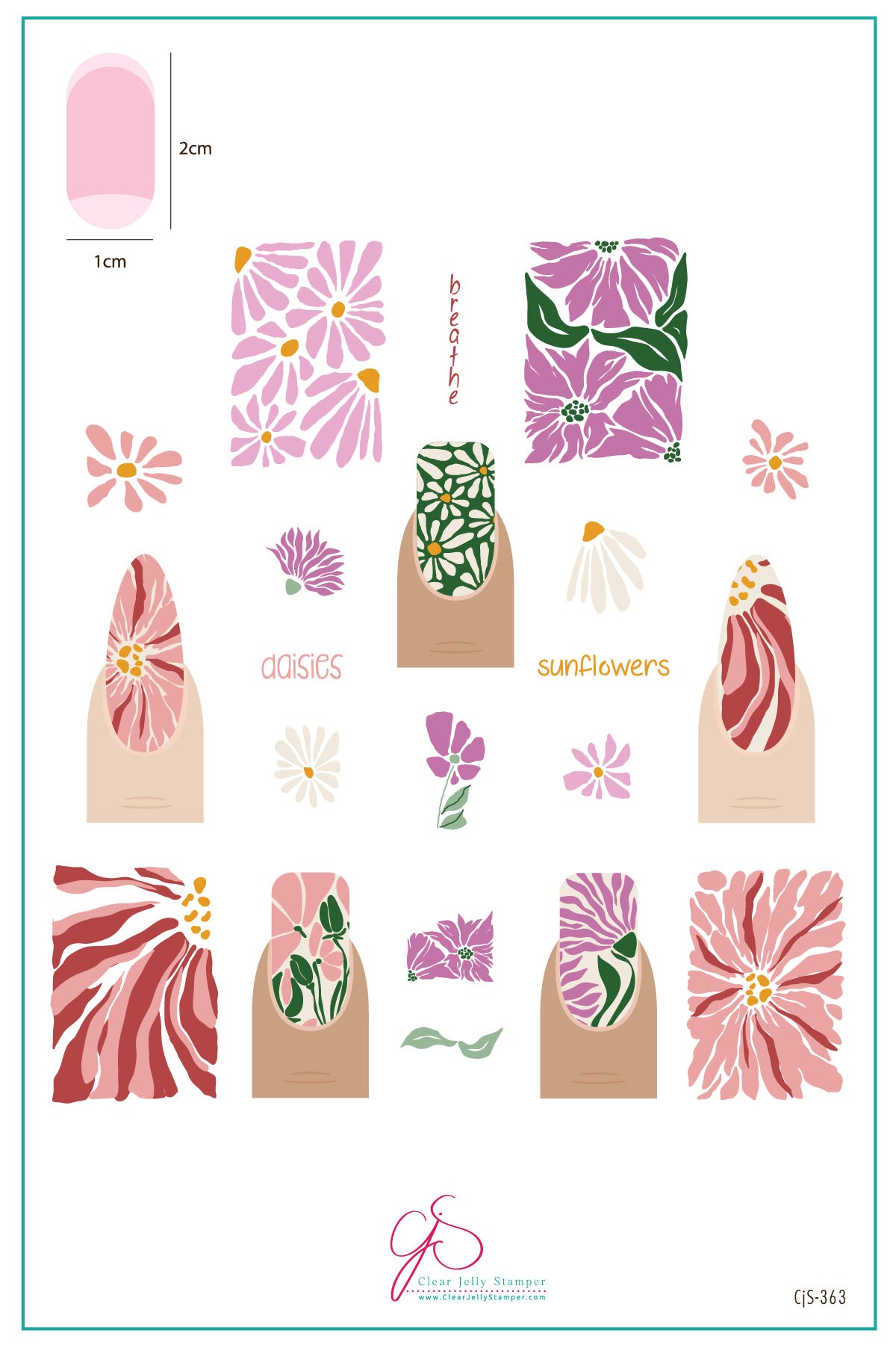 layered-nail-art-stamping-plate-inspo-card-with-colorful-abstract-flowers-sunflowers-daisies-and-words-for-nail-art