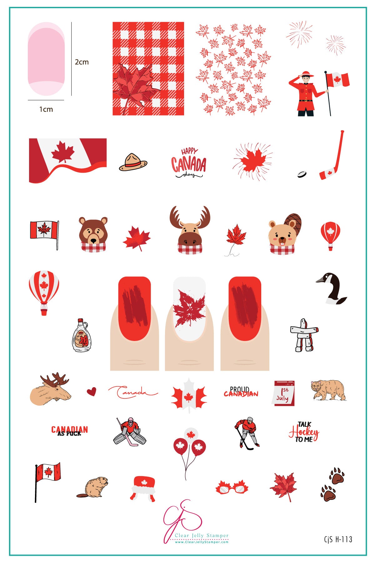 layered-nail-art-stamping-pate-inspo-card-with-colorful-canadian-designs-of-maple-leaves-bears-moose-ice-hockey-and-words-for-nail-art