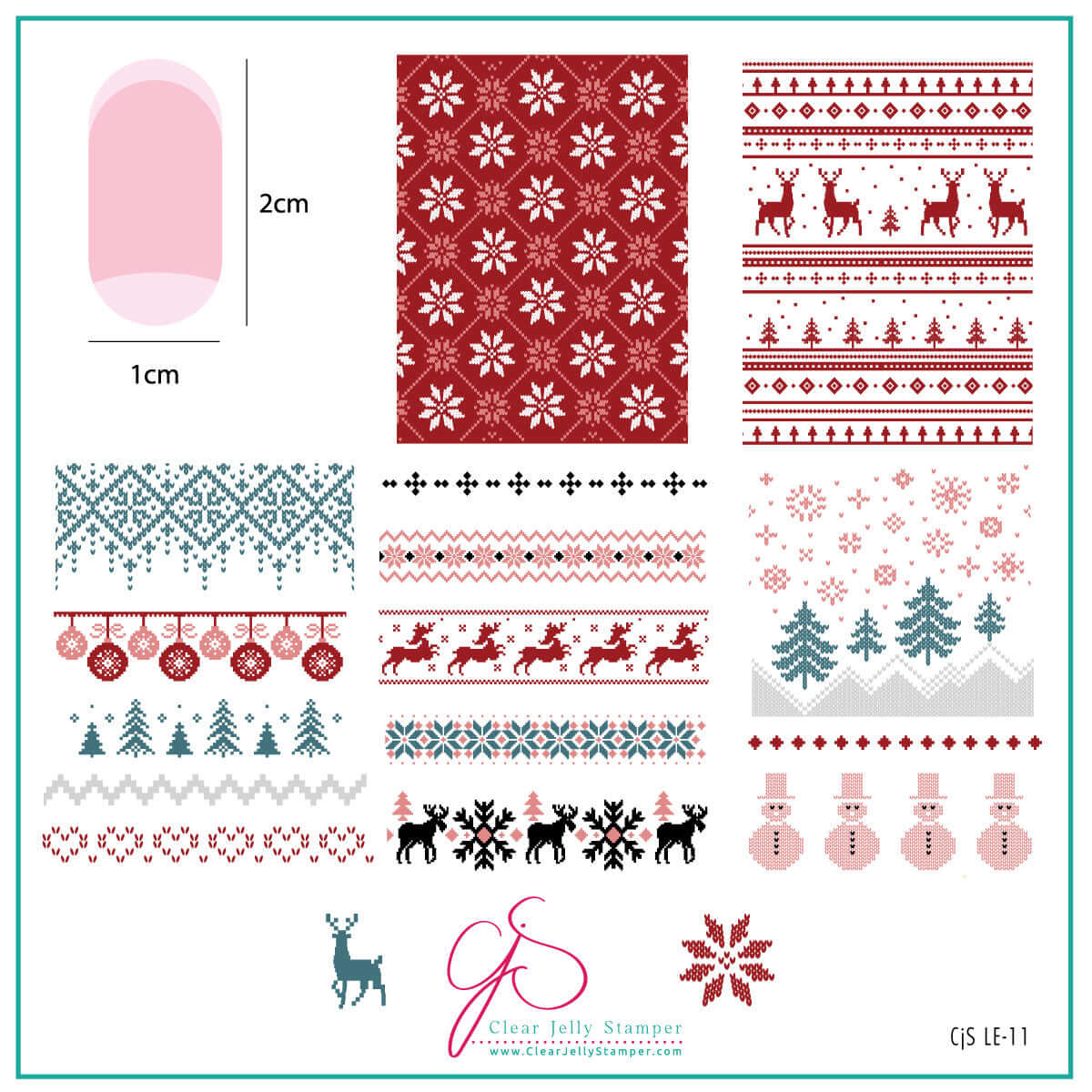 layered-nail-art-stamping-plate-inspo-card-with-colorful-designs-of-sweater print-reindeer-snowflakes-trees-and-baubles