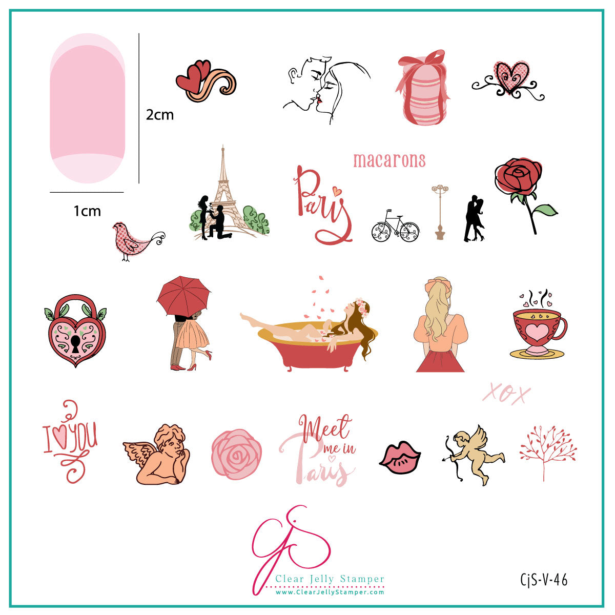 layered-nail-art-stamping-plate-inspo-card-with-colorful-images-of-the-effiel-tower-macarons-couples-kissing-and-words-for-nail-art