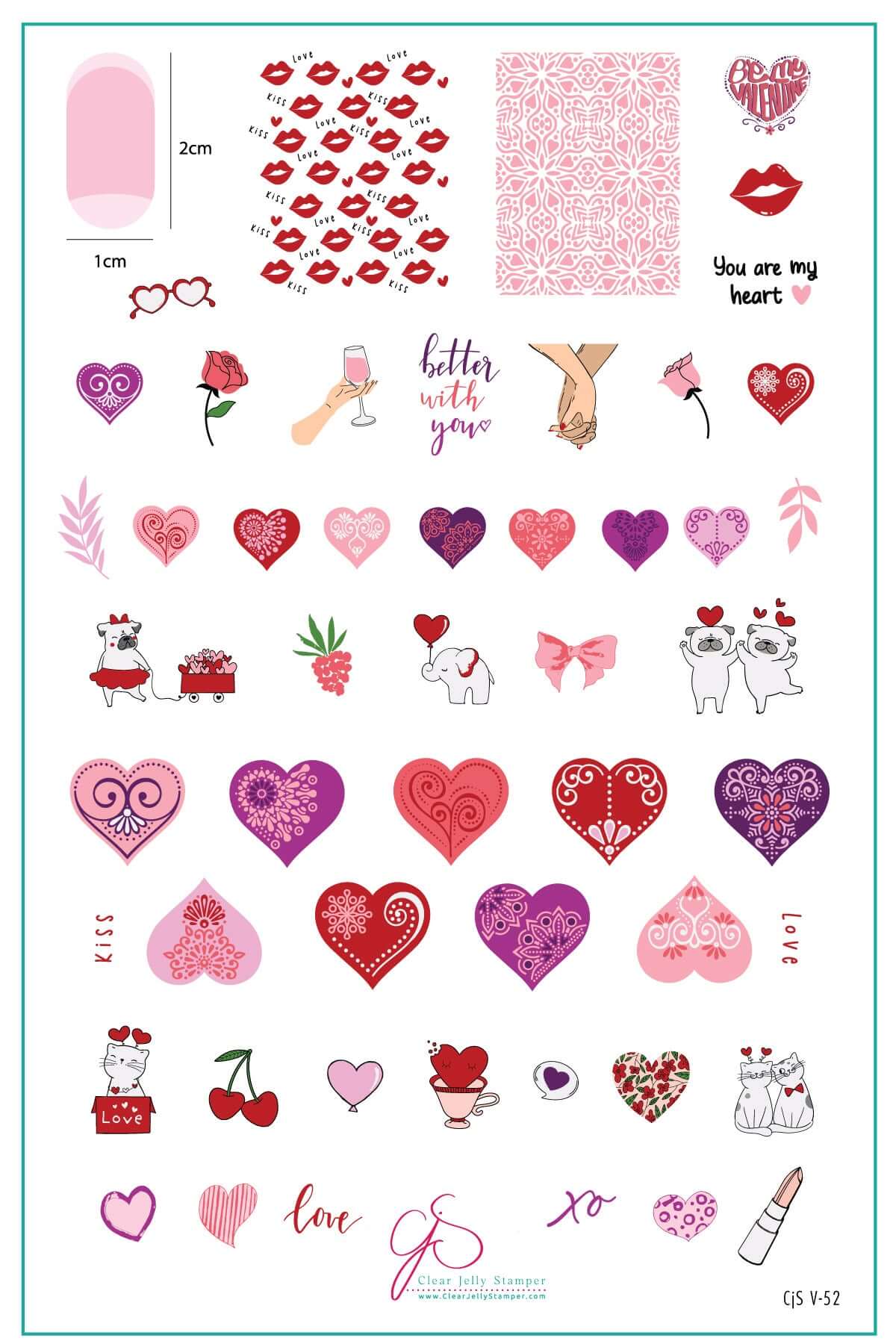 layered-nail-art-stamping-plate-inspo-card-with-colour-hearts-roses-lips-pugs-and-words-for-nail-art