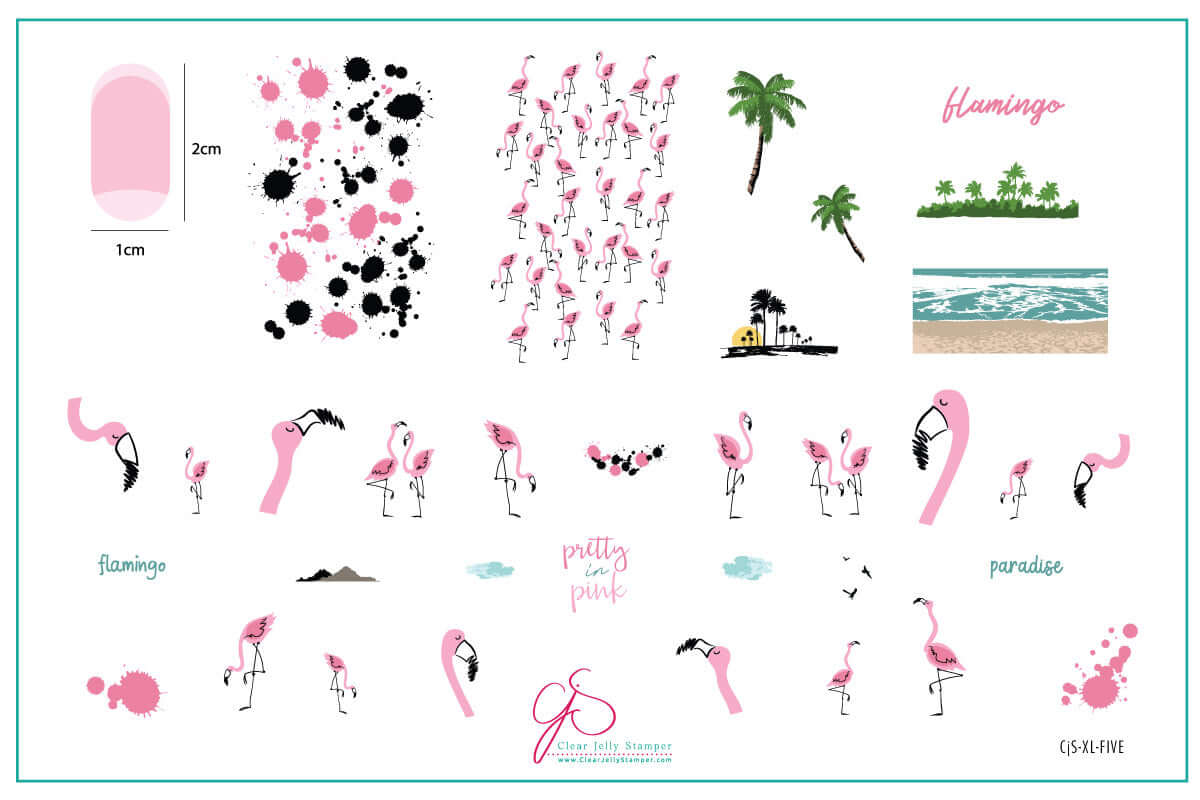 layered-nail-art-stamping-plate-inspo-card-with-colorful-flamingos-palm-trees-and-beach-scenes