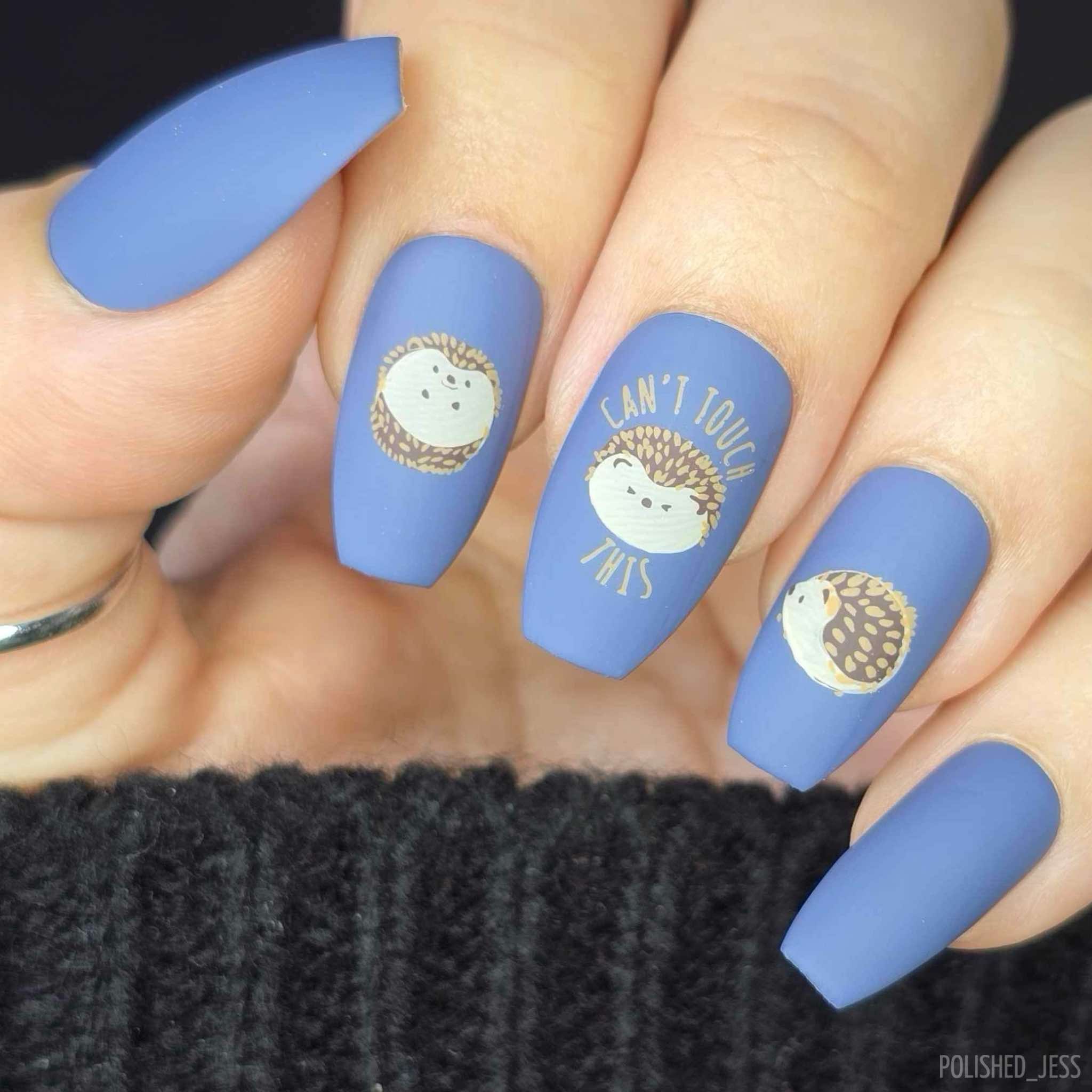 stunning-manicure-with-nail-art-designs-of-hedgehogs-and-the-words-you-can't-touch-this