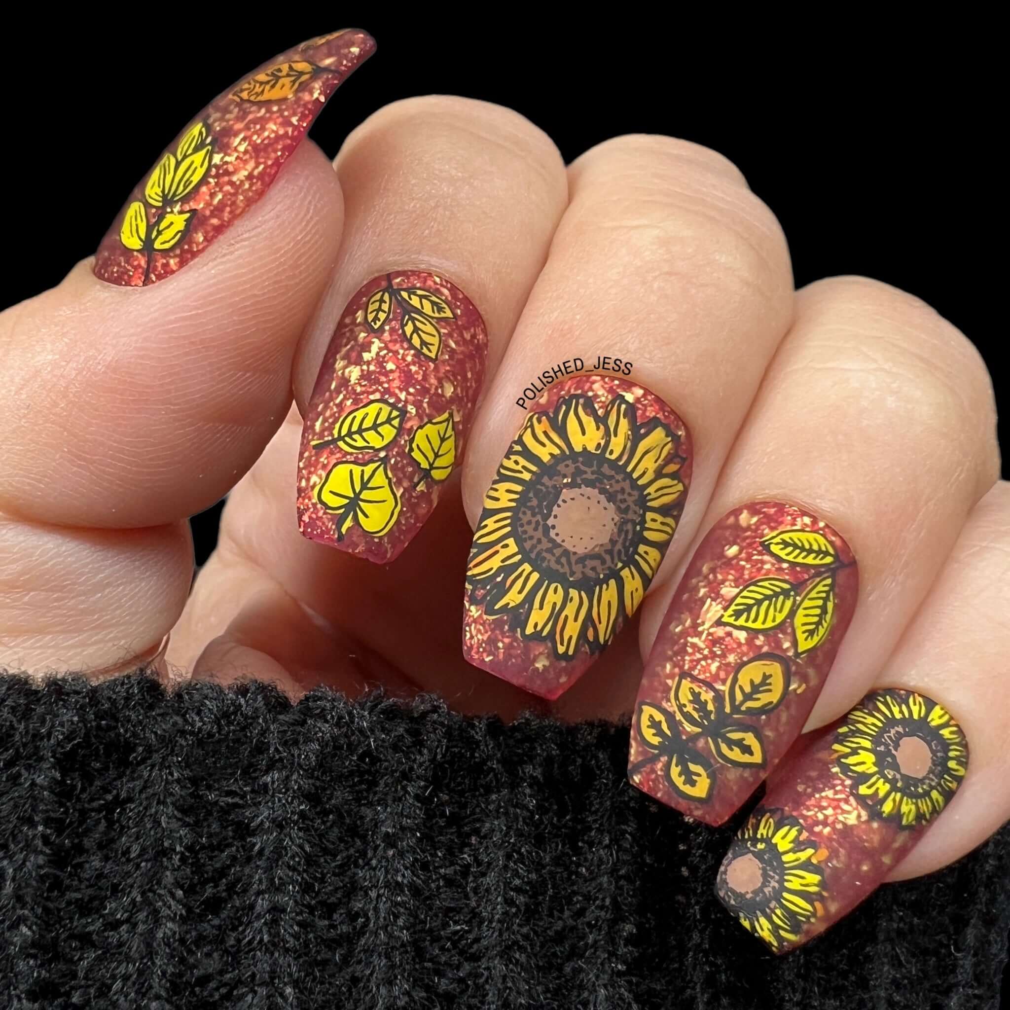 stunning-manicure-with-layered-nail-art-designs-of-sunflowers-and-leaves