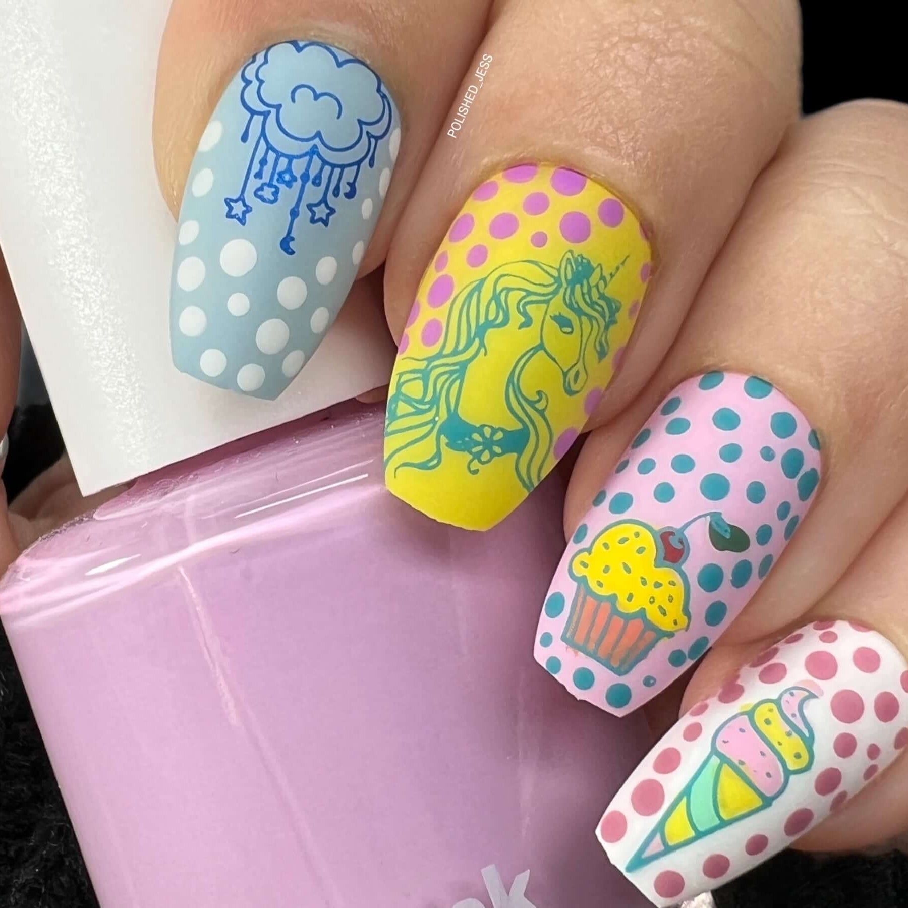 beautiful-polka-dot-manicure-showing-layered-nail-art-designs-of-a-unicorn-cupcake -and-ice-cream-cone