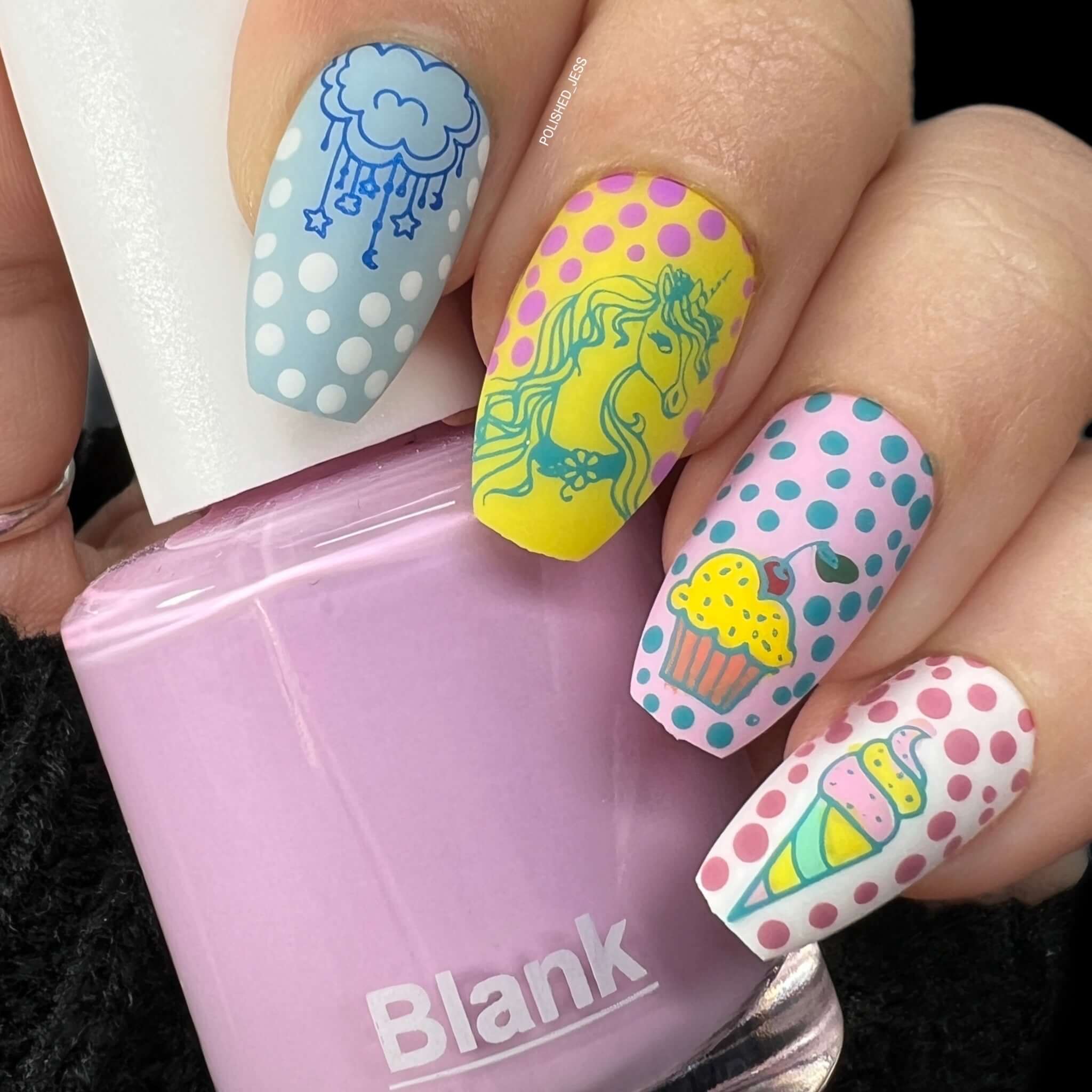 beautiful-polka-dot-manicure-showing-layered-nail-art-designs-of-a-unicorn-cupcake -and-ice-cream-cone