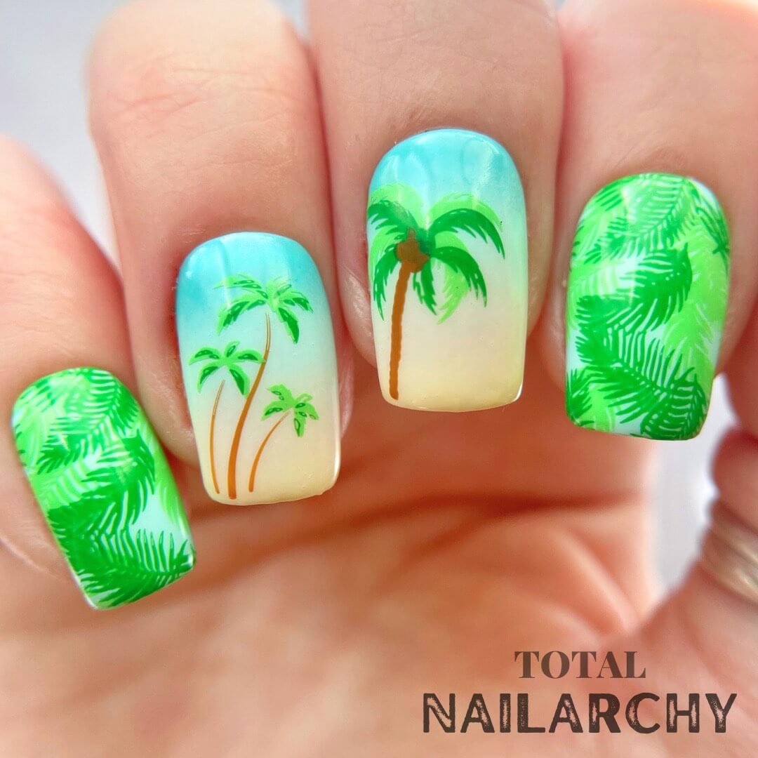 beautiful-manicure-with-nail-art-designs-of-full-coverage-palm-leaves-and-palm-trees