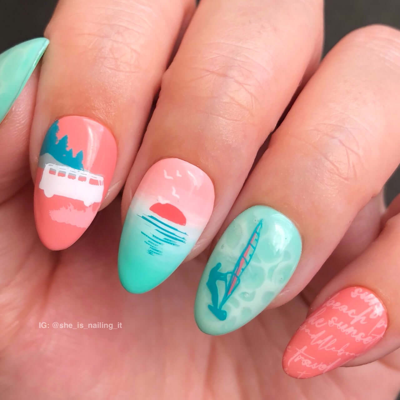 beautiful-pink-and-blue-manicure-showing-nail-art-designs-of-a-sunset-surfer-and-camper-van