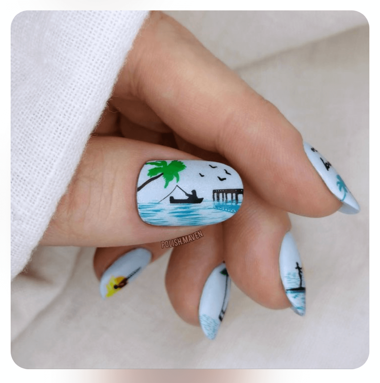 Single-maincured-nail-showing-a-nail-art-design-of-a-silhouette-of-someone-fishing-in-a-boat