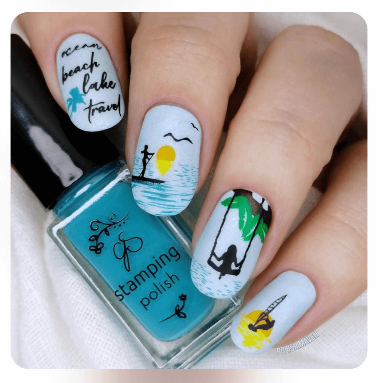 beautiful-manicure-showing-nail-art-designs-of-a-surfer-paddleboarder-in-the-sunset-with-a-bottle-of-polish