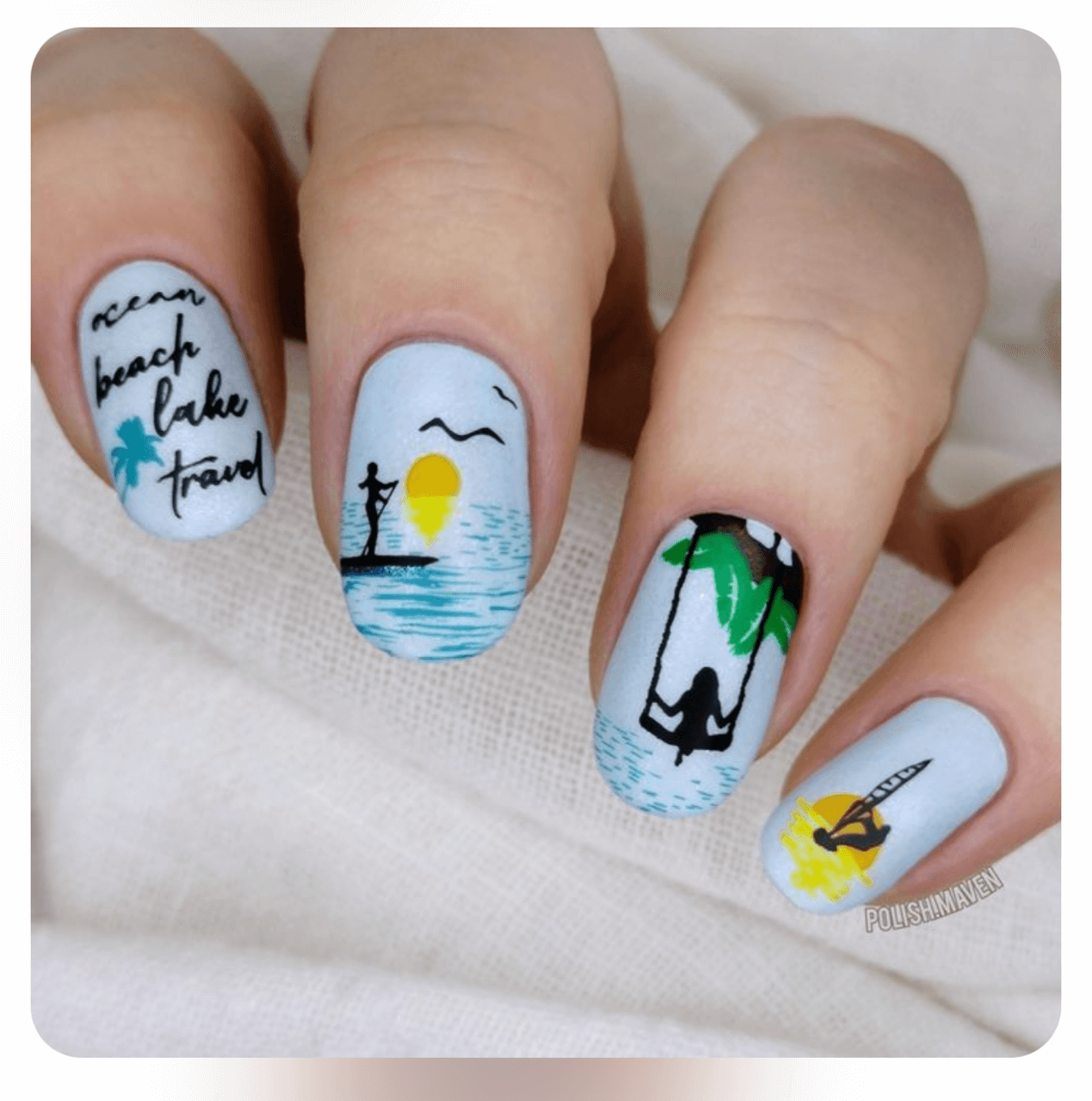 beautiful-manicure-showing-nail-art-designs-of-a-surfer-paddleboarder-in-the-sunset