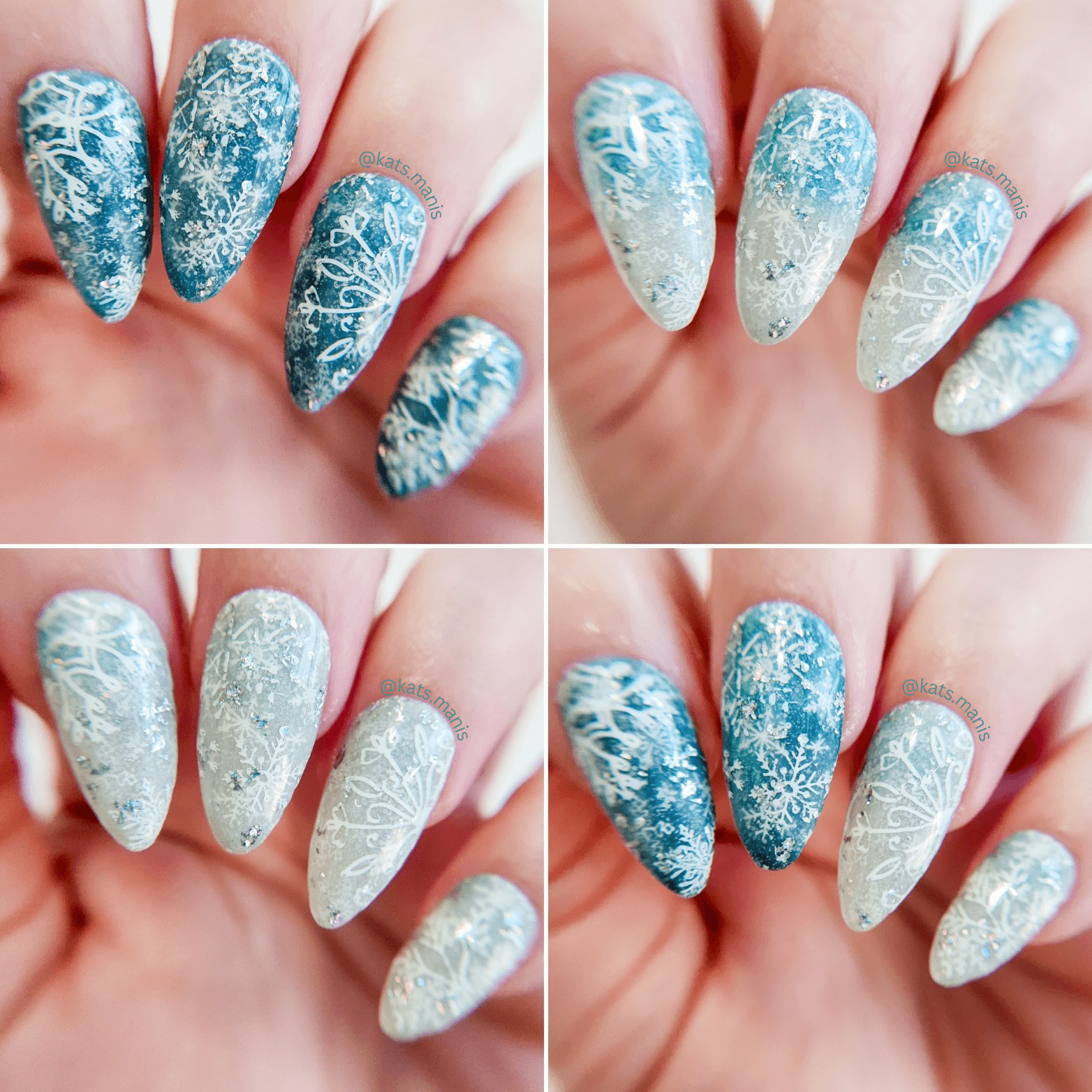 a-collage-of-four-manicured-hands-all-with-different-nail-art-designs-of-snowflakes