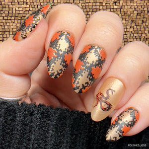 Beautiful-manicure-showing-a-snake-print-nail-art-design-in-black-orange-and-gold