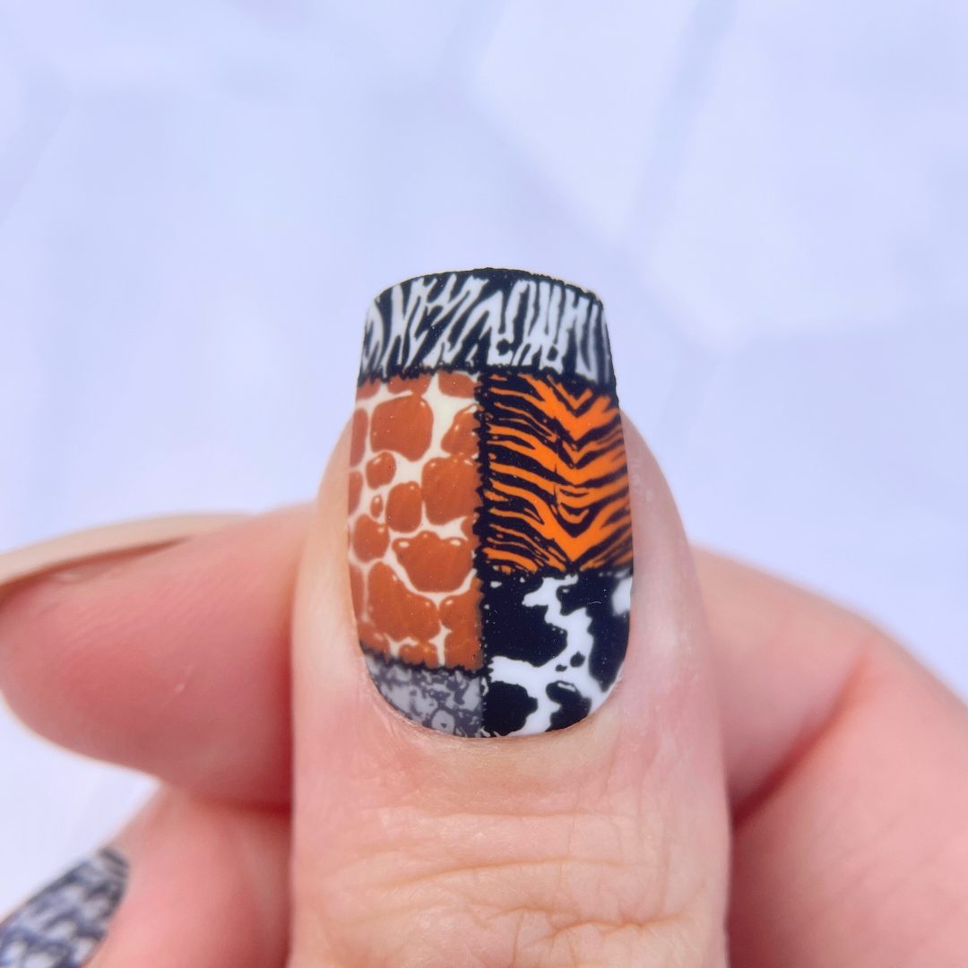 Single-manicured-nail-showing-layered-nail-art-designs-of-animal-print-in-patchwork-zebra-tiger-cow-elephant-giraffe