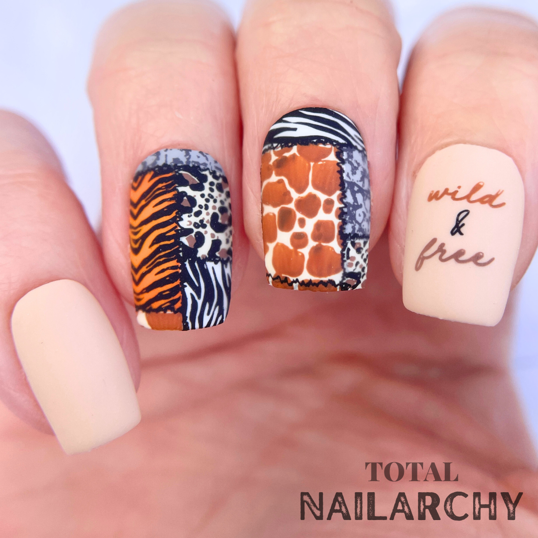 Beautiful-manicure-showing-nail-art-designs-of-animal-print-patchwork-with-the-words-wild-and-free