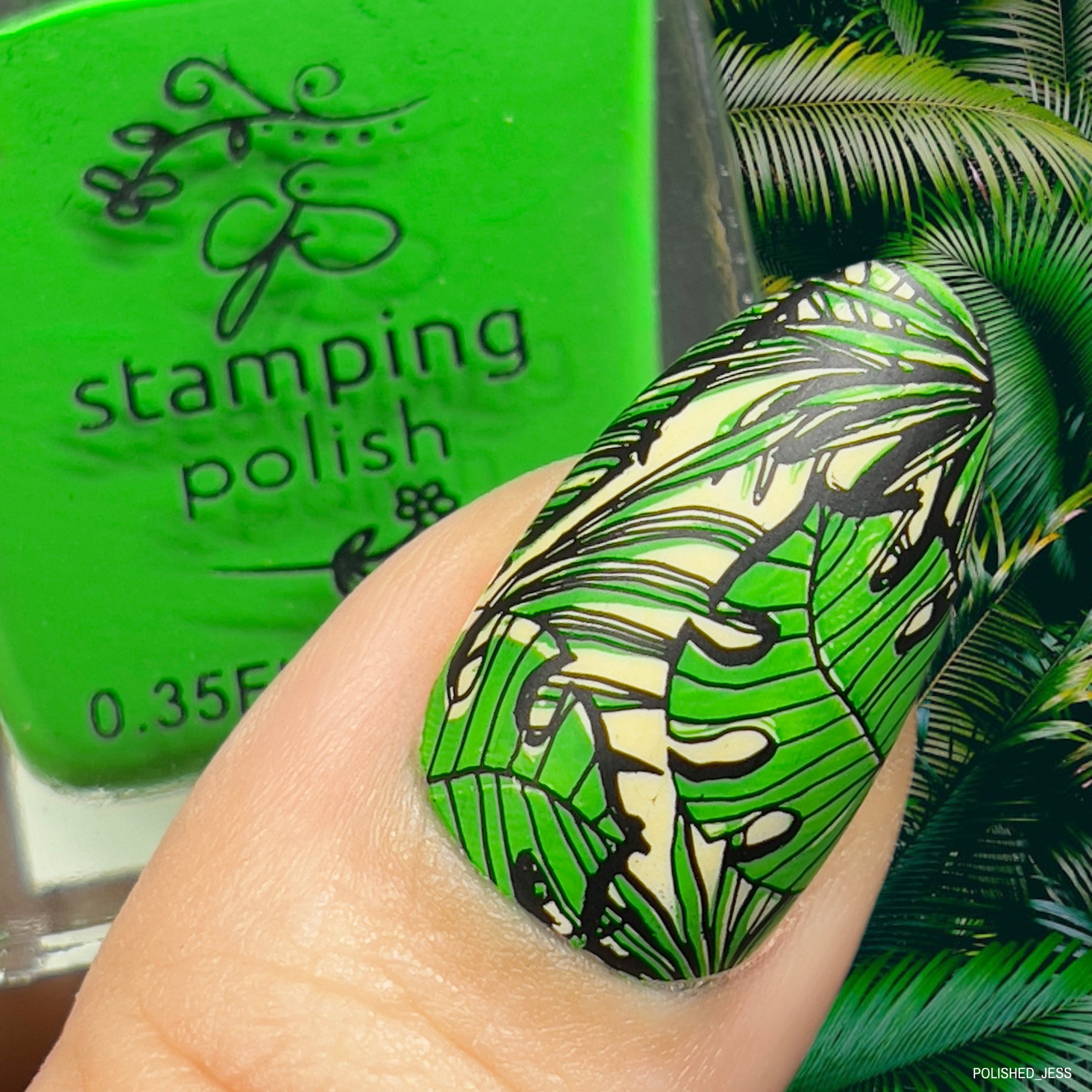 Single-manicures-nail-showing full-coverage-nail-art-designs-of-bright-green-palm-leaves