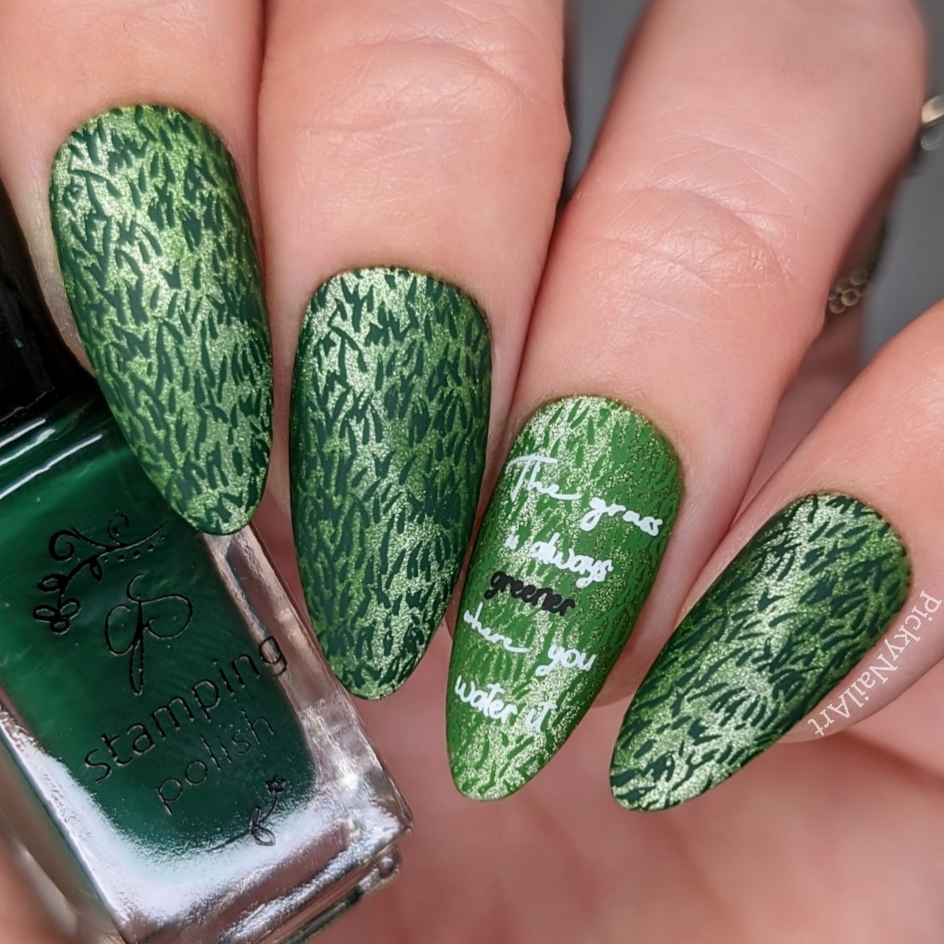 Manicure-showing-layered-nail-art-designs-of-green-grass