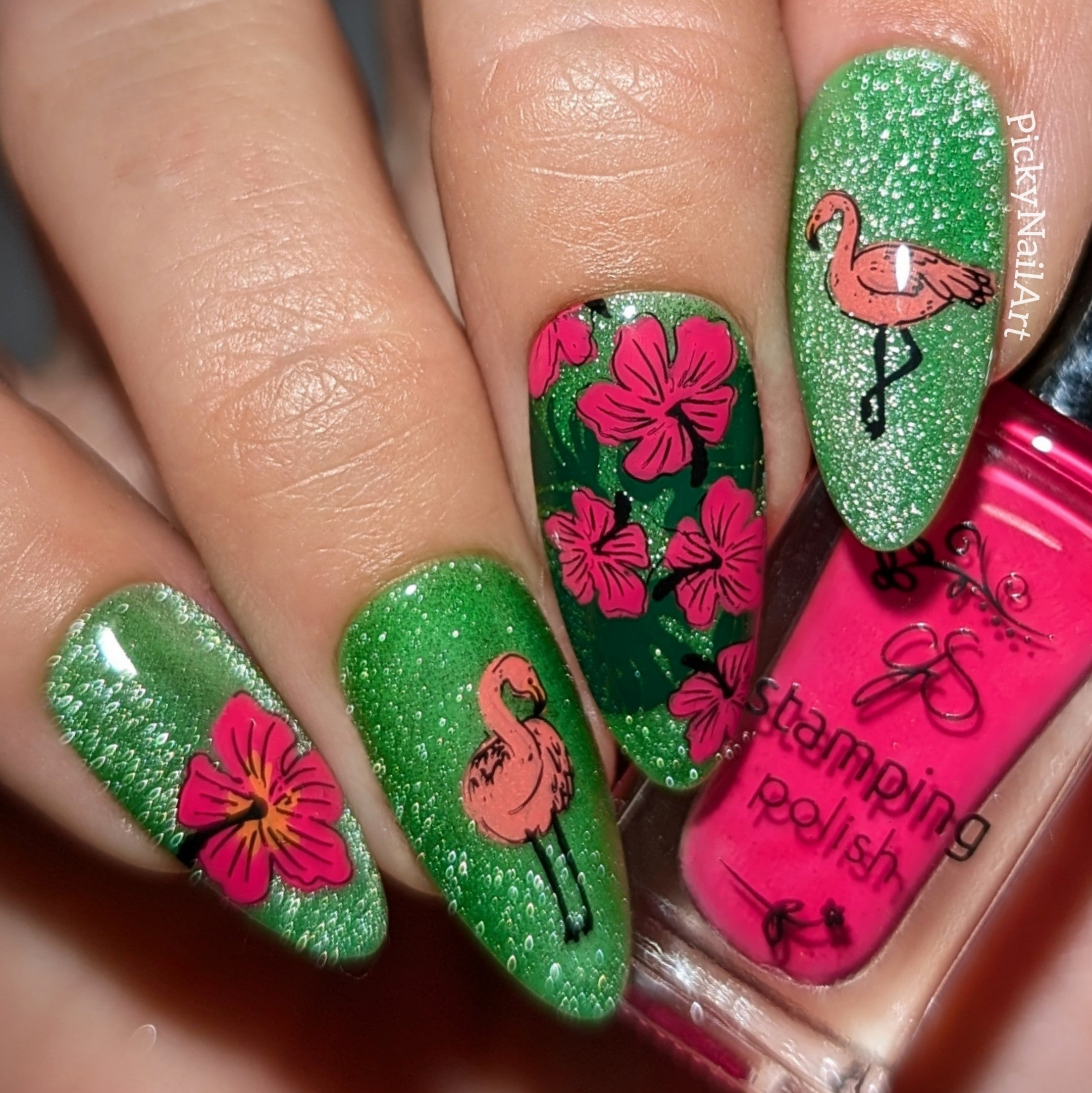 beautiful-tropical-manicure-with-nail-art-designs-of-flamingos-and-hibiscus-flowers