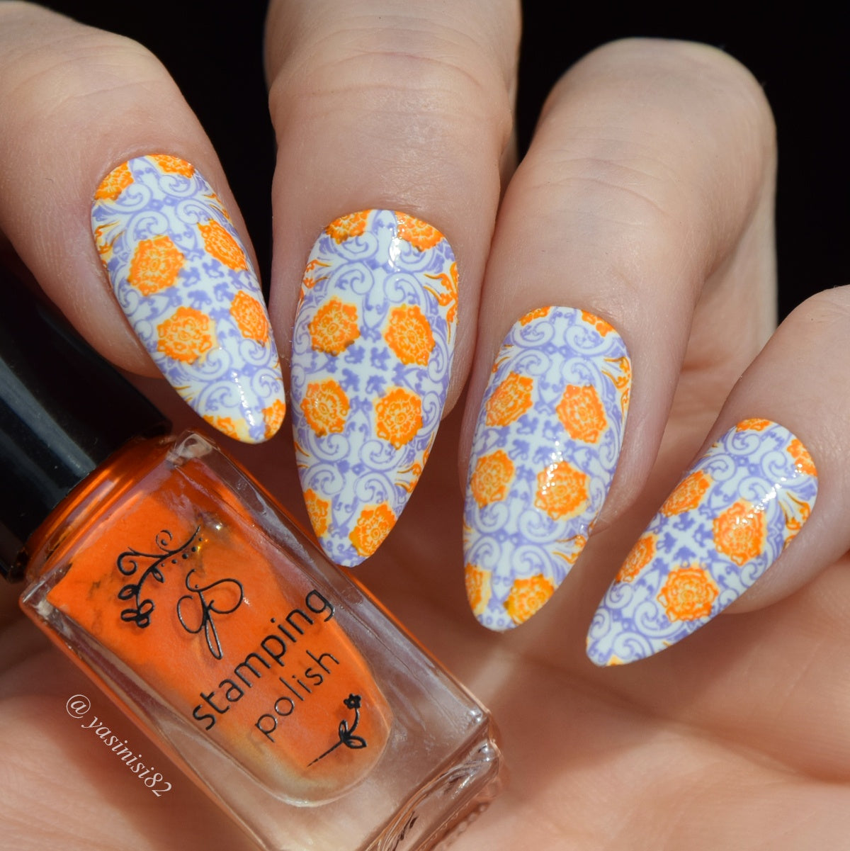 beautiful-manicure-with orange-flowers-and-purple-fleur-de-li-images