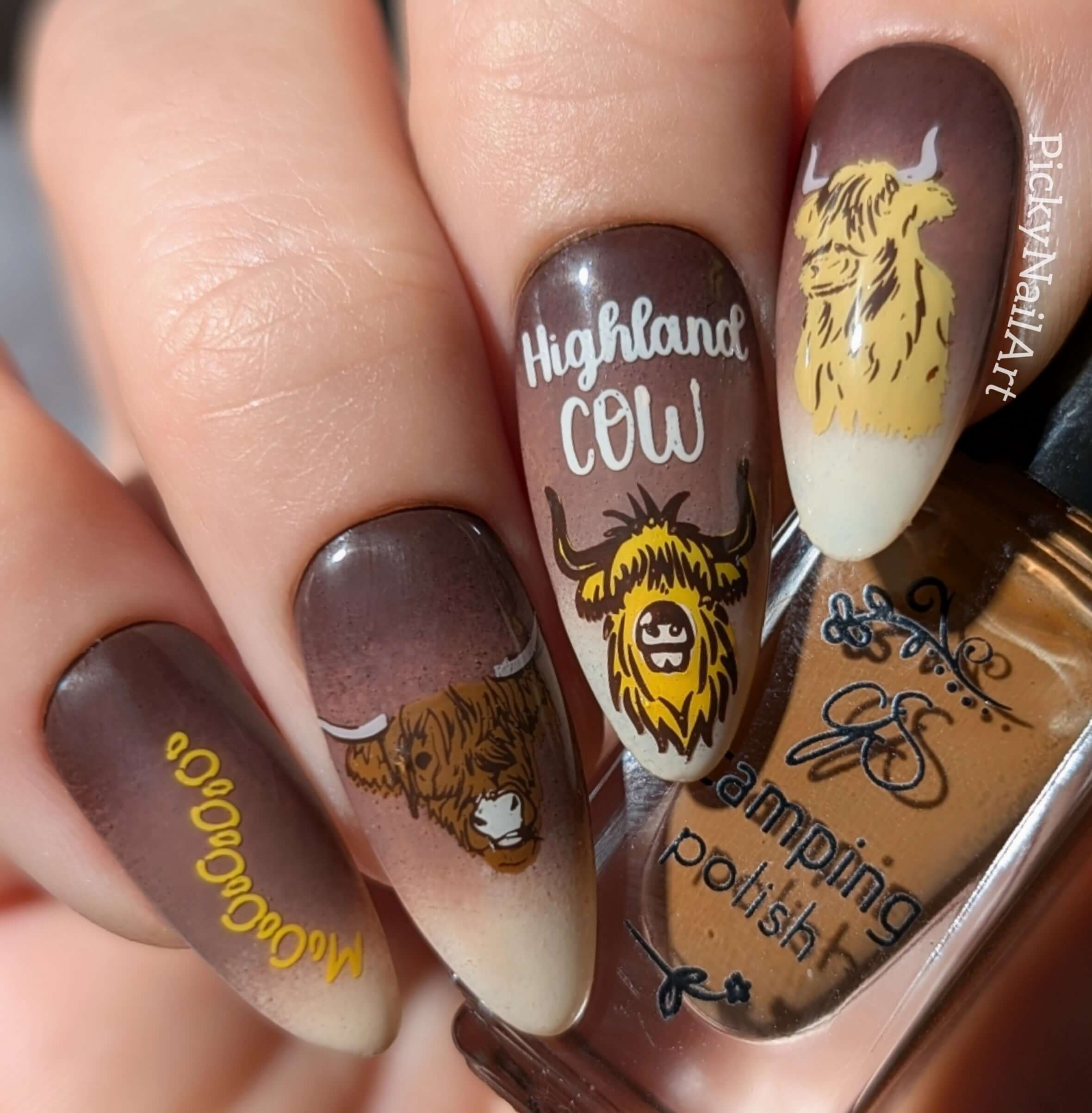 stunning-manicure-with-layered-nail-art-designs-of-highland-cows-and-the-words-mooo