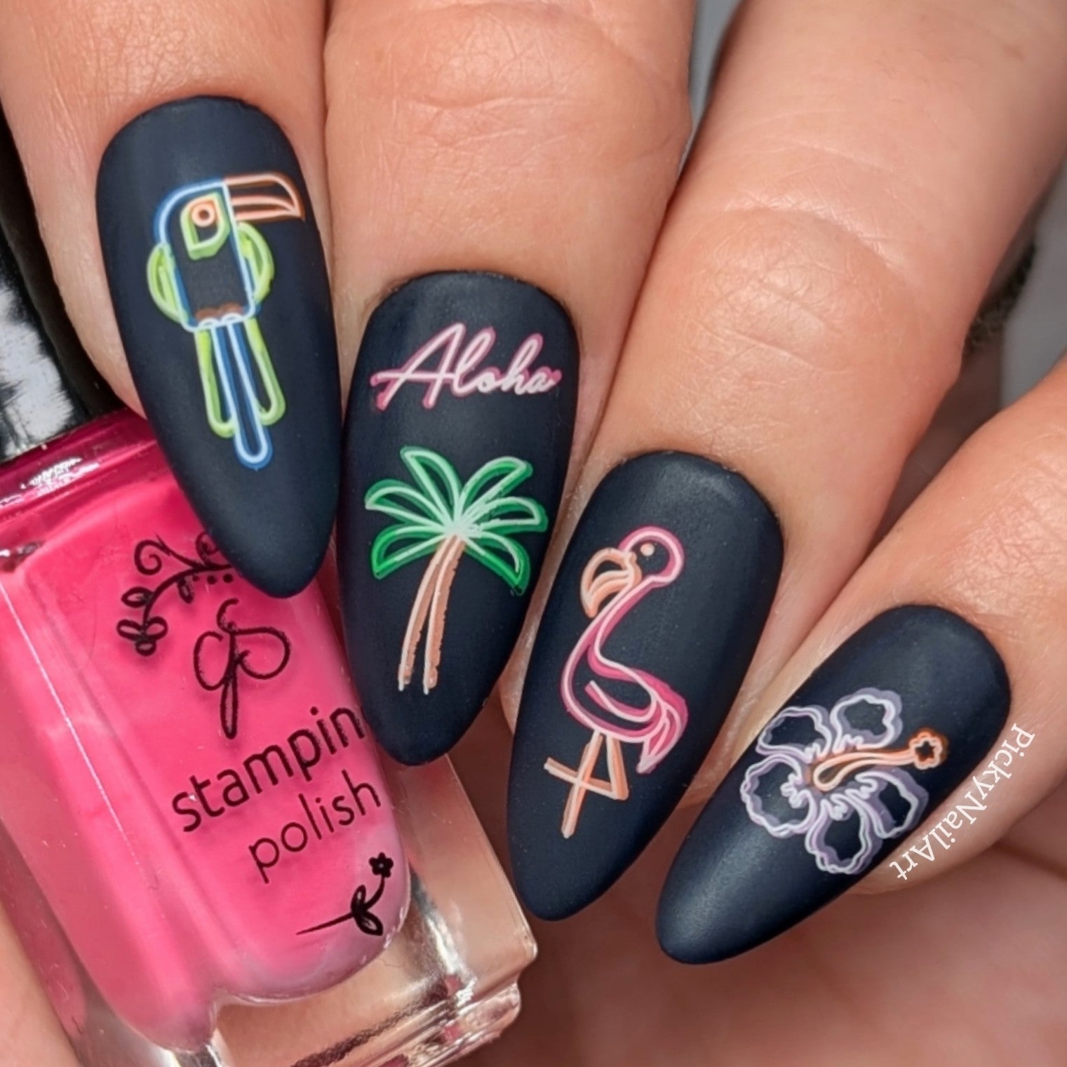 matte-manicure-showing-neon-sign-style-nail-art-designs-of-a-flamingo-parrot-and-palm tree