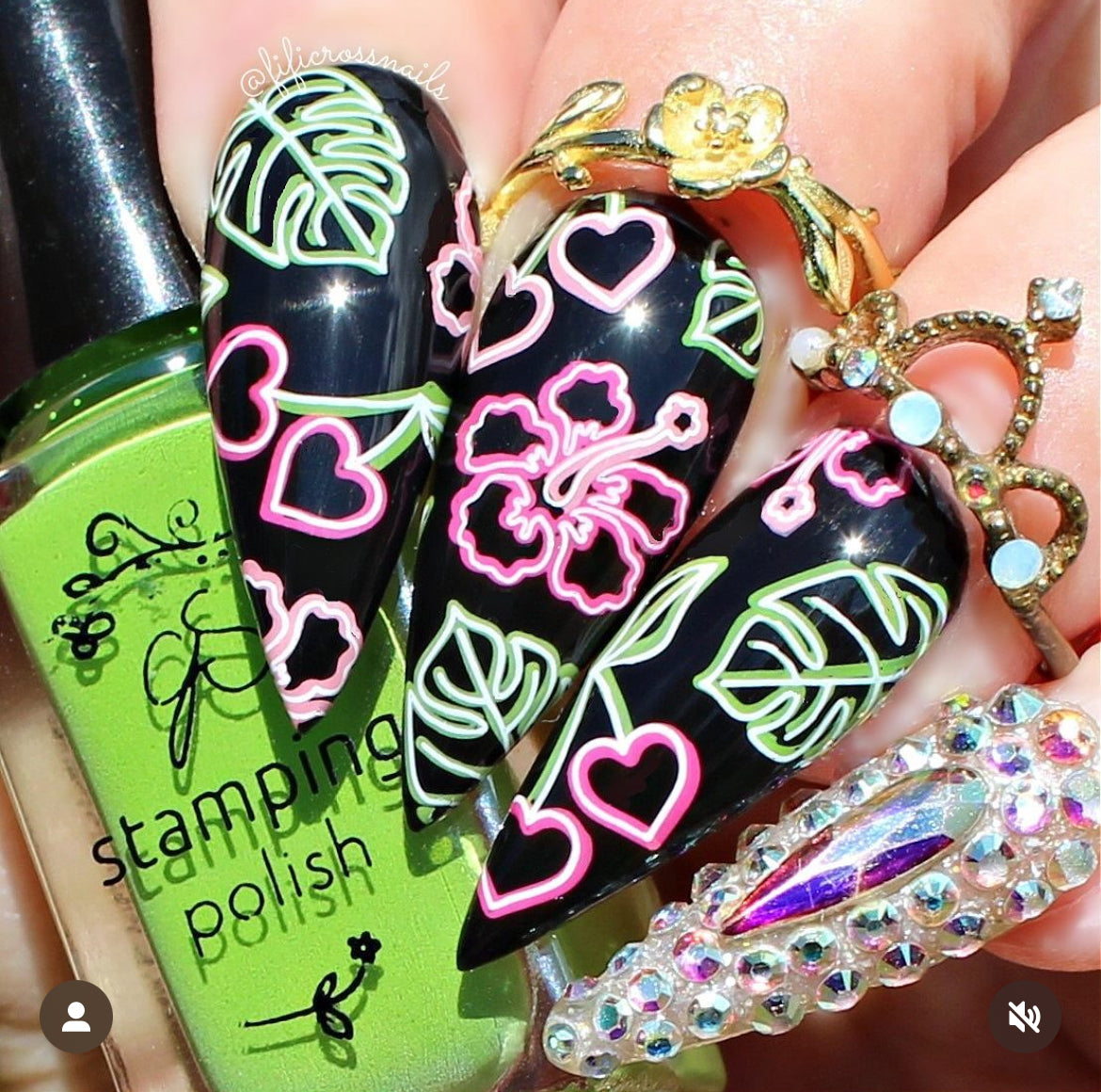 stunning-manicure-showing-neon-nail-art-designs-of-heart-cherries-and-hisbicus-flowers