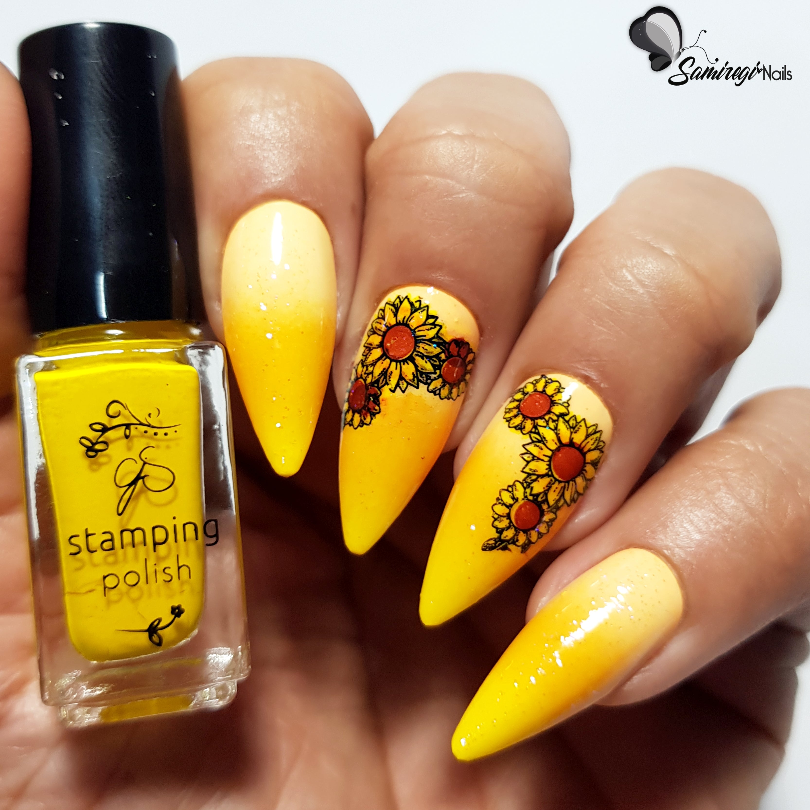 gorgeous-bright-ombre-manicure-with-trios-of-sunflower-heads-in nail-art