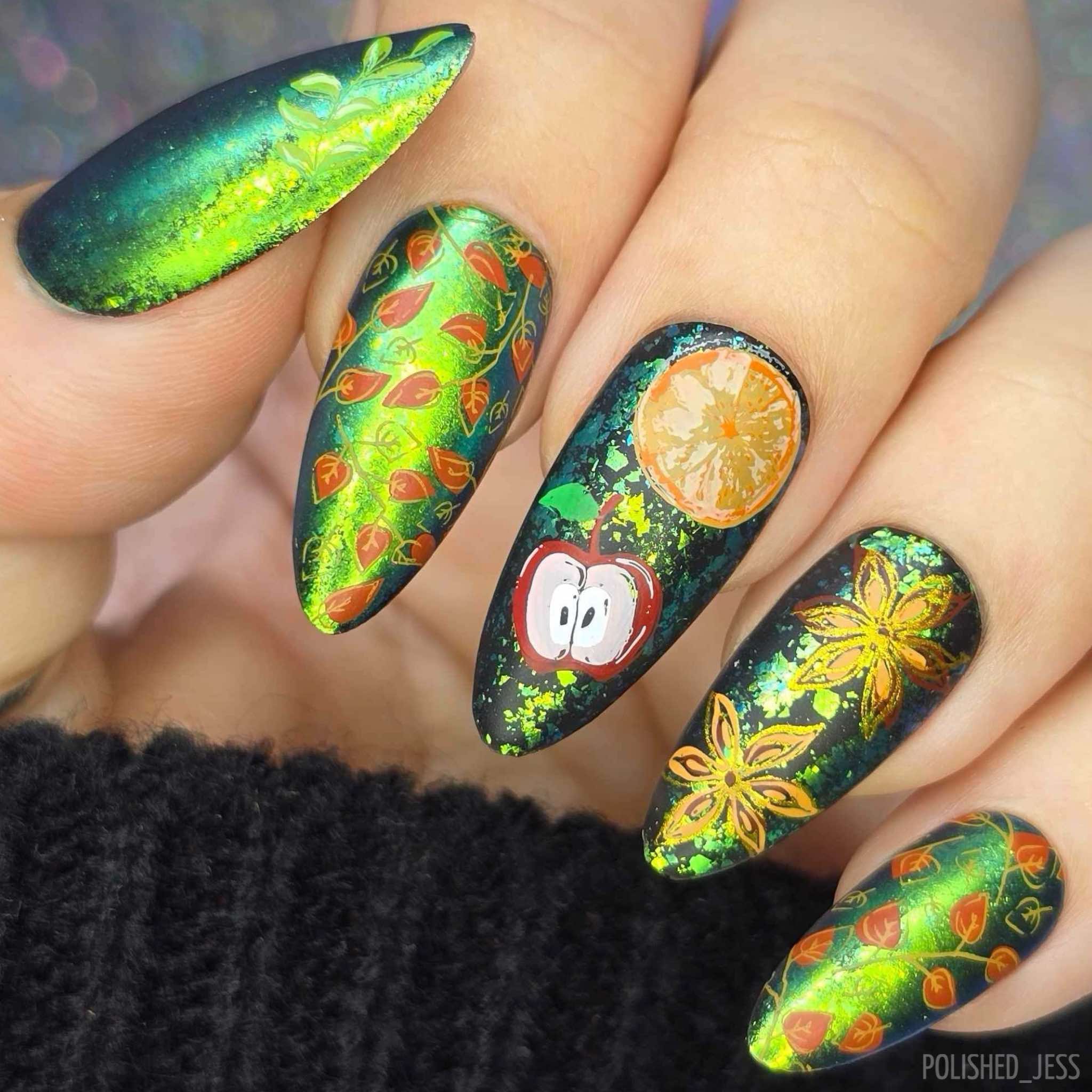 beautiful-shimmery-manicure-with-nail-art-designs-of-autumn-leaves-apples-pears-and-star-anise