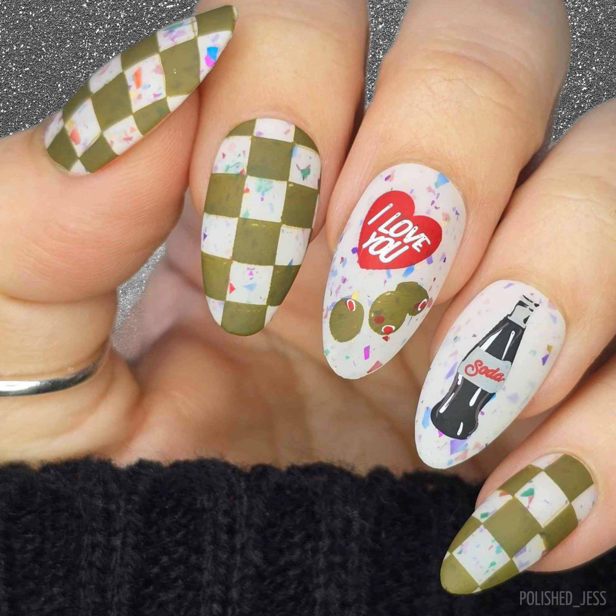 bold-modern-manicure-with-nail-art-designs-of-a-checkered-pattern-olives-and-a-glass-soda-bottle