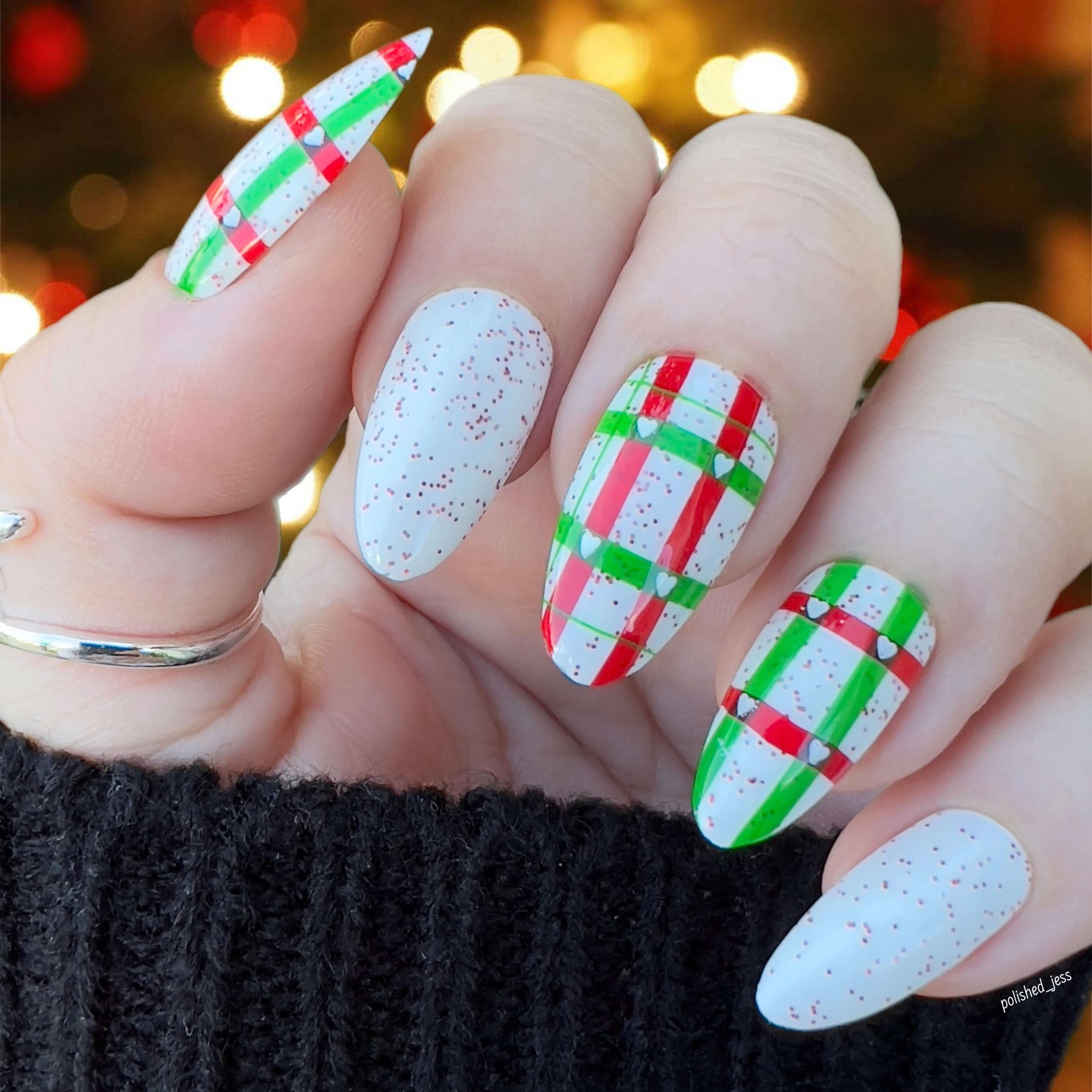 stunning-manicure-with-layered-plaid-and-heart-nail-art-designs