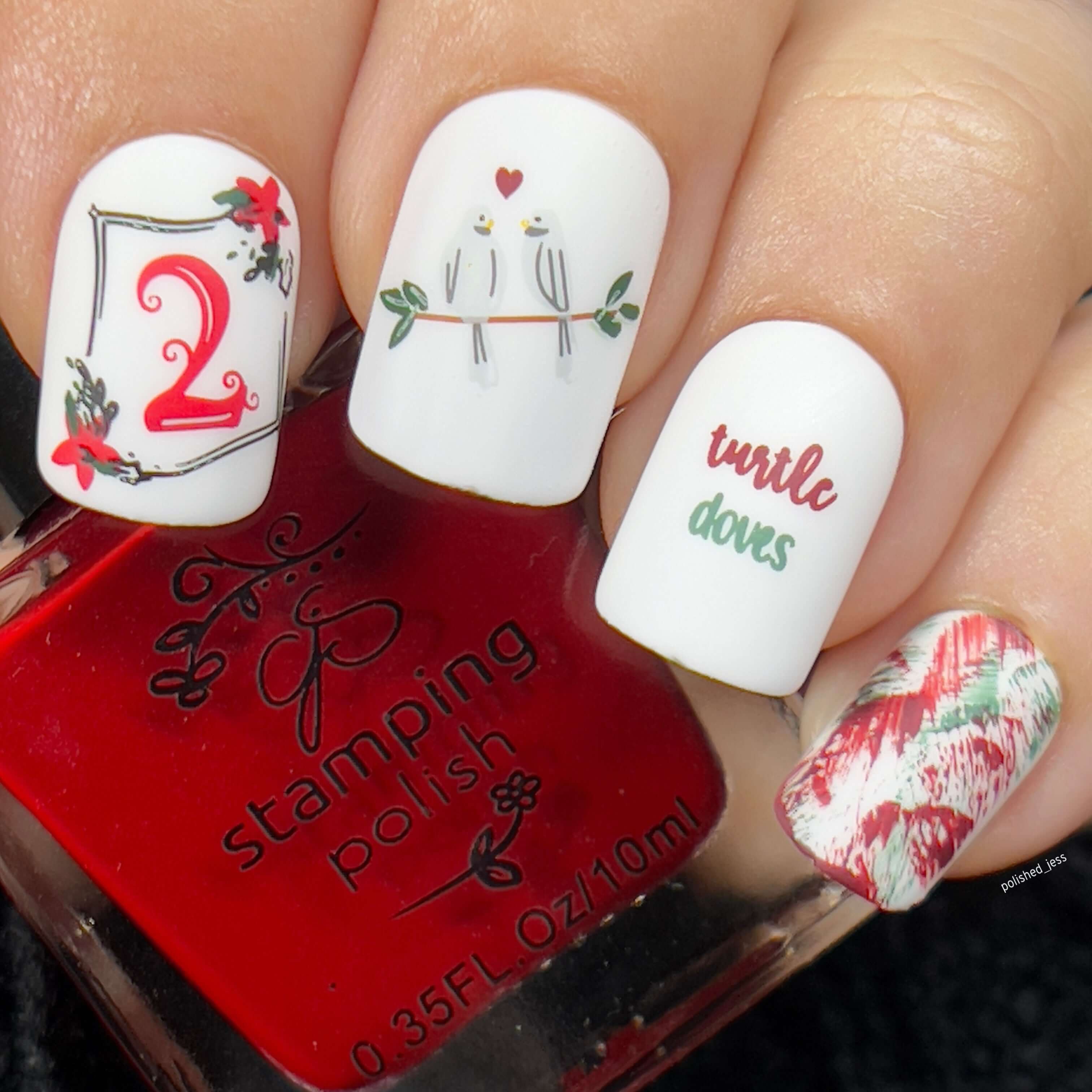 Christmas-manicure-with-nail-art-designs-of-two-turtle-doves