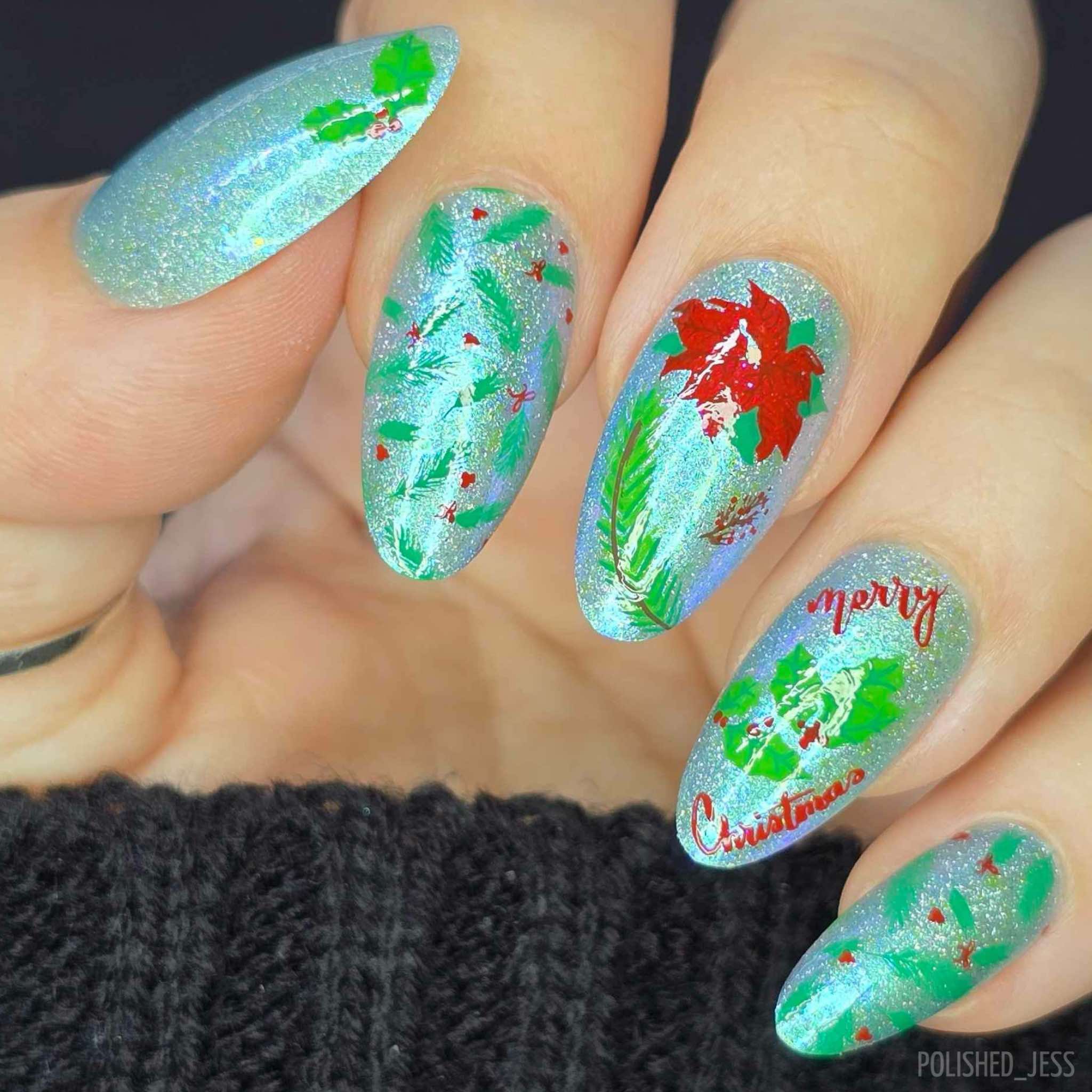 stunning-sparkly-festive-manicure-with-nail-art-designs-of-poinsettas-and-mistletoe