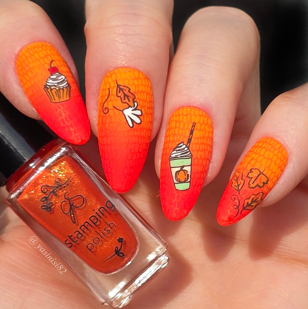 stunning-manicure-with-bright-nail-art-designs-of-autumn-keaves-a-cupcake-and-pumpkin-iced-latte