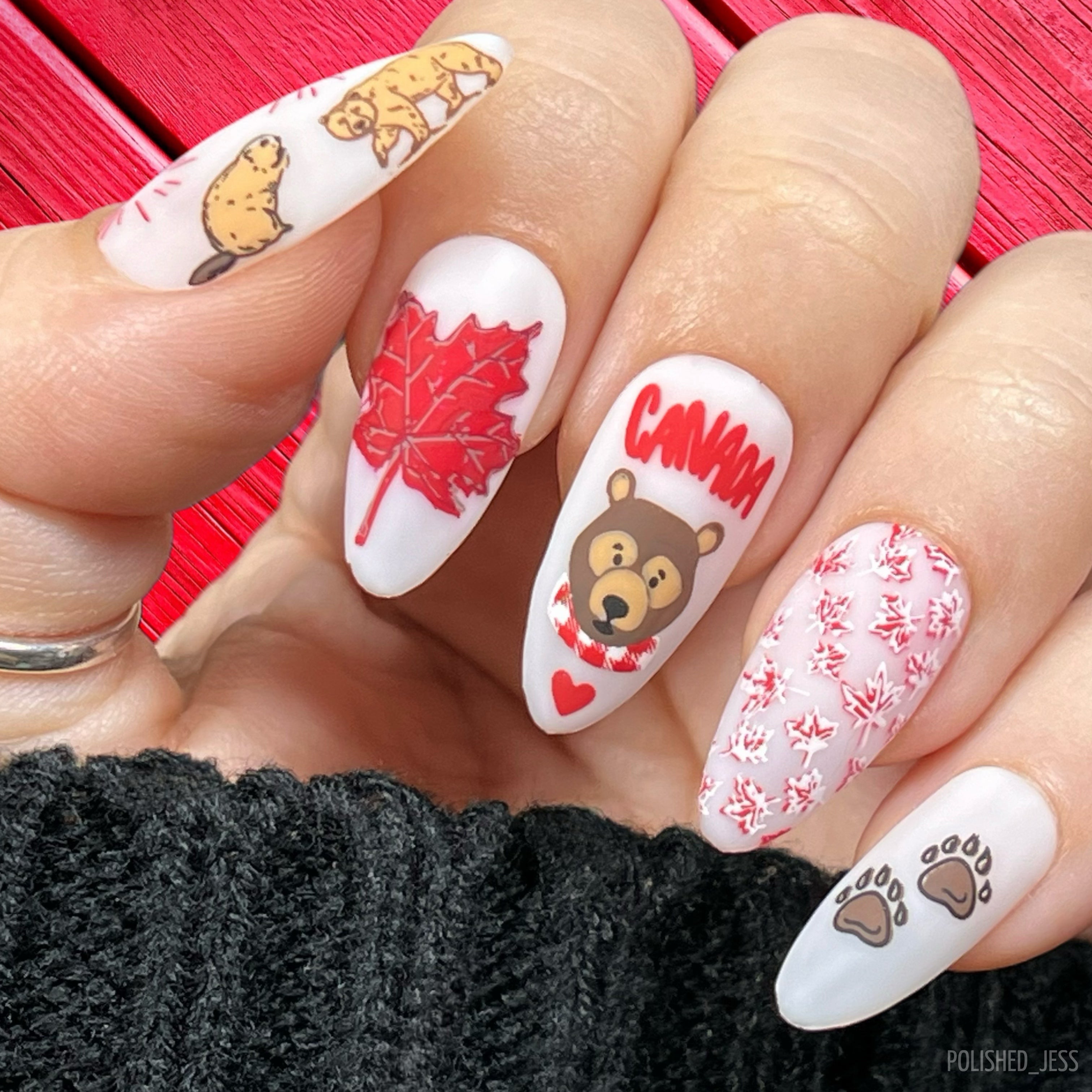 stunning-manicure-with-nail-art-designs-for-canada-day-maple-leaves-bear-beaver