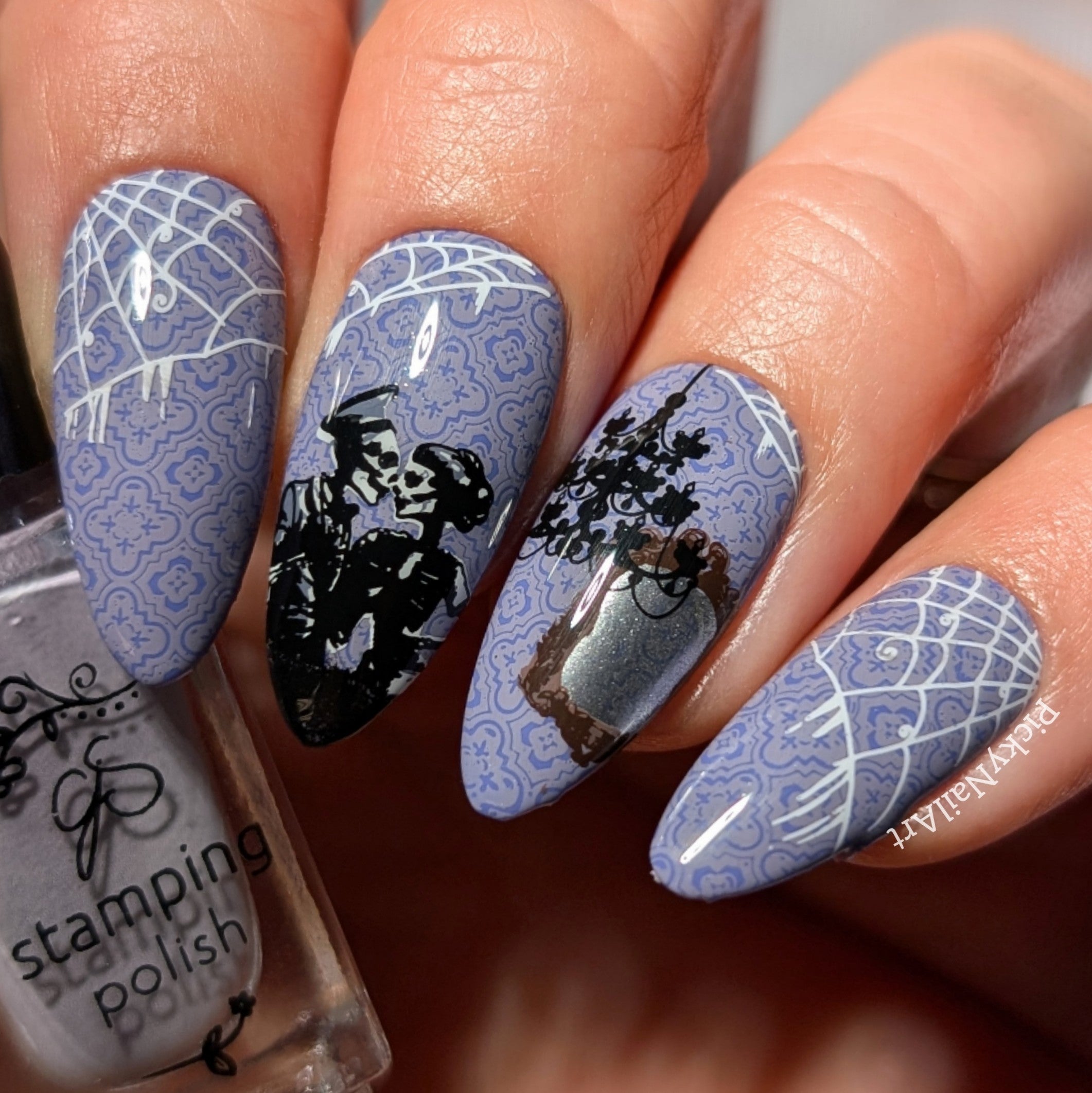 stunning-manicure-with-nail-art-designs-of-a-skeleton-couple-with-chandelier-mirror